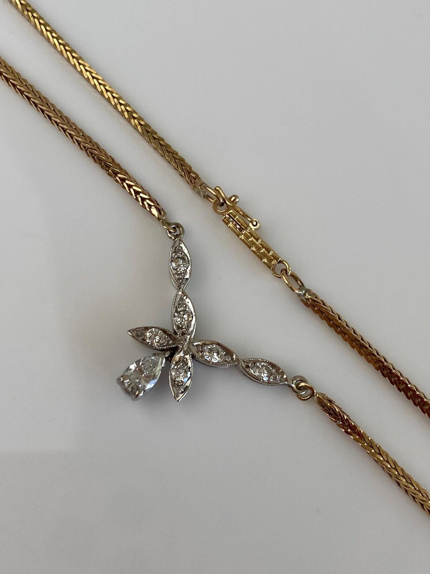 Vintage Solid 10k White & Yellow Gold Diamonds Square Wheat Chain Necklace - 16.25 inches