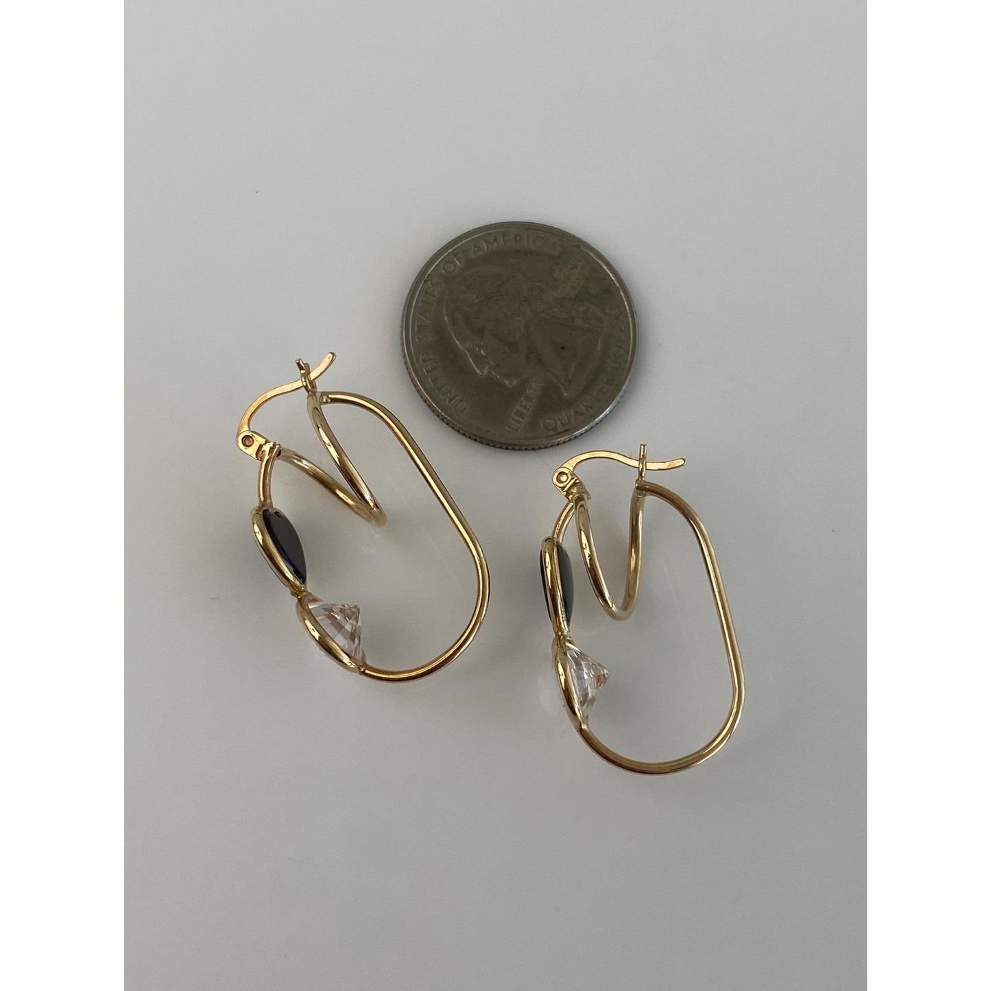 Vintage 14k Yellow Gold Cubic Zirconia Black Onyx Heart Hoop Earrings