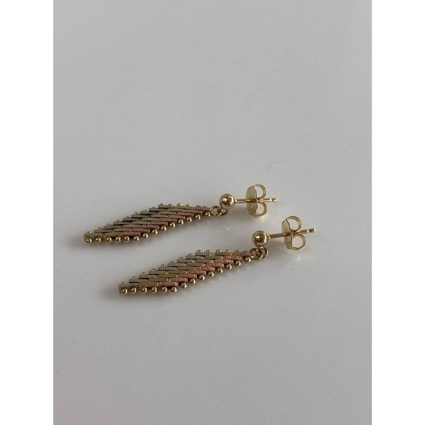 Vintage Solid 14k Tri Tone Gold Woven Chain Dangle Stud Earrings