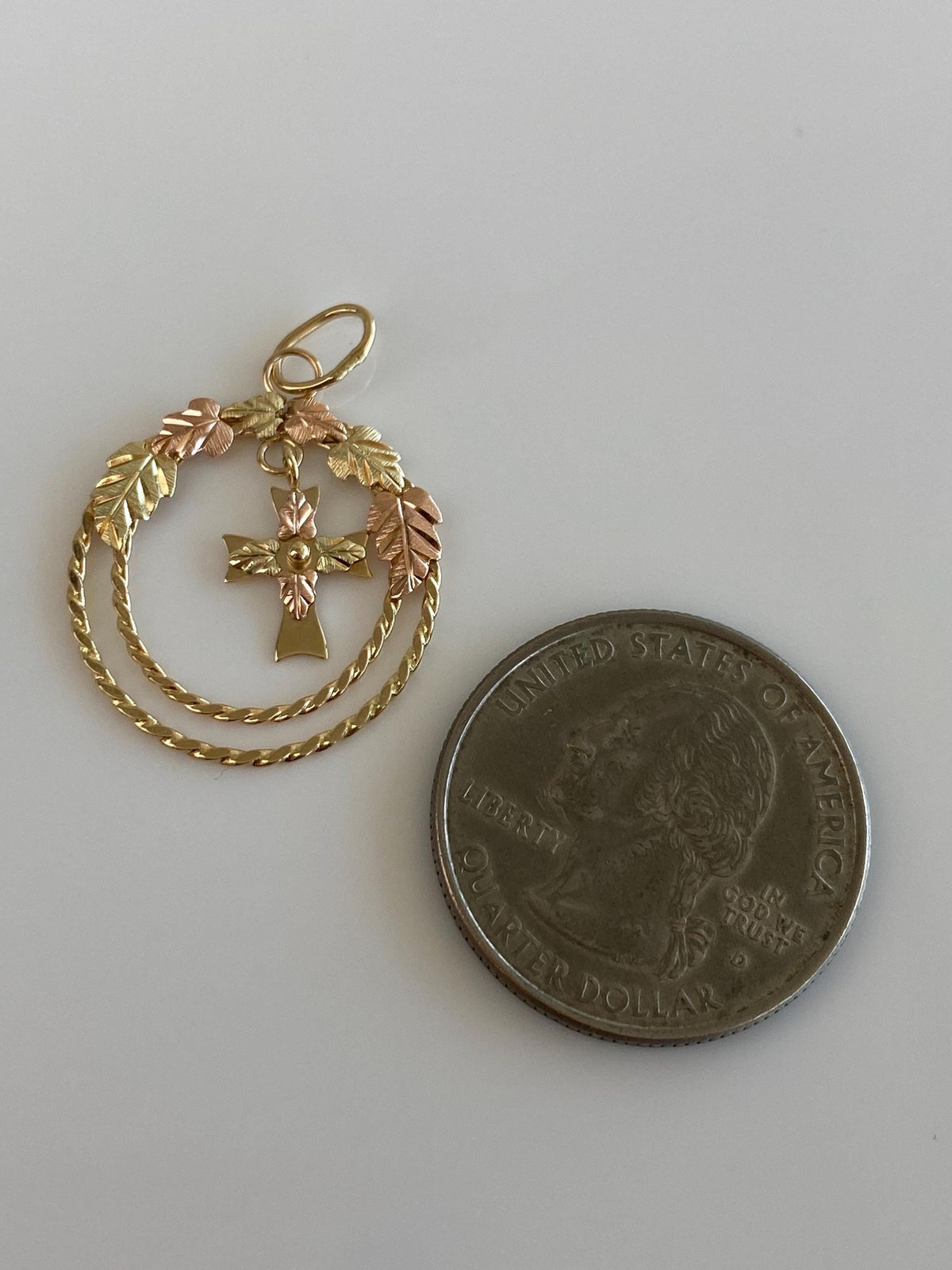 Vintage Solid 10k Black Hills Gold Leaves Cross Dangle Charm