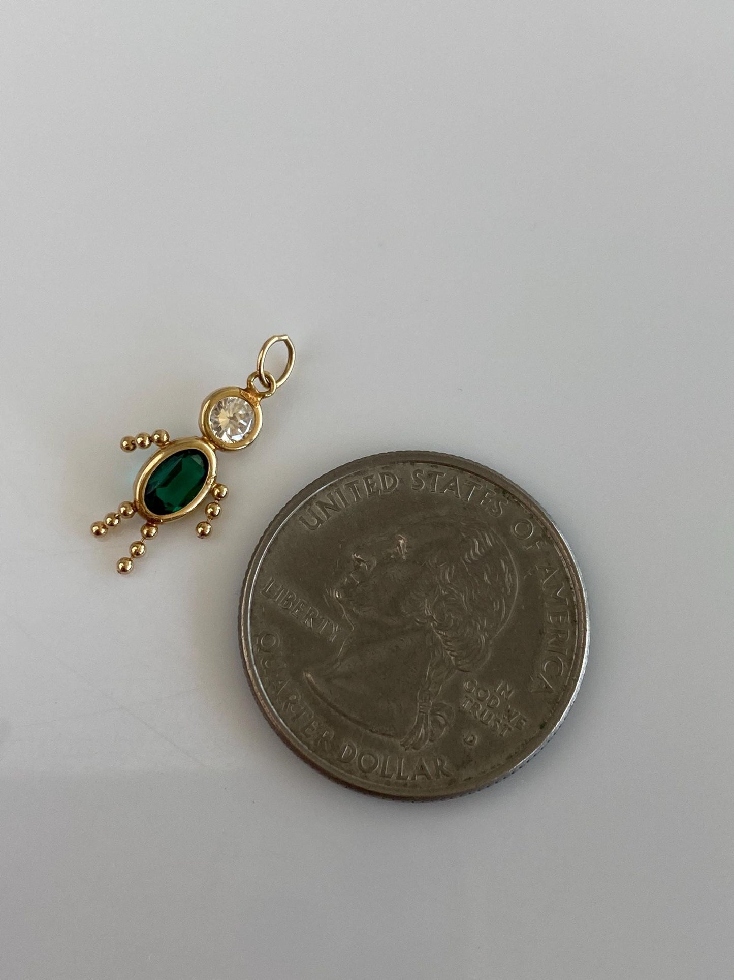 Vintage 14k Yellow Gold Dark Green & Clear Cubic Zirconia Little Boy Charm