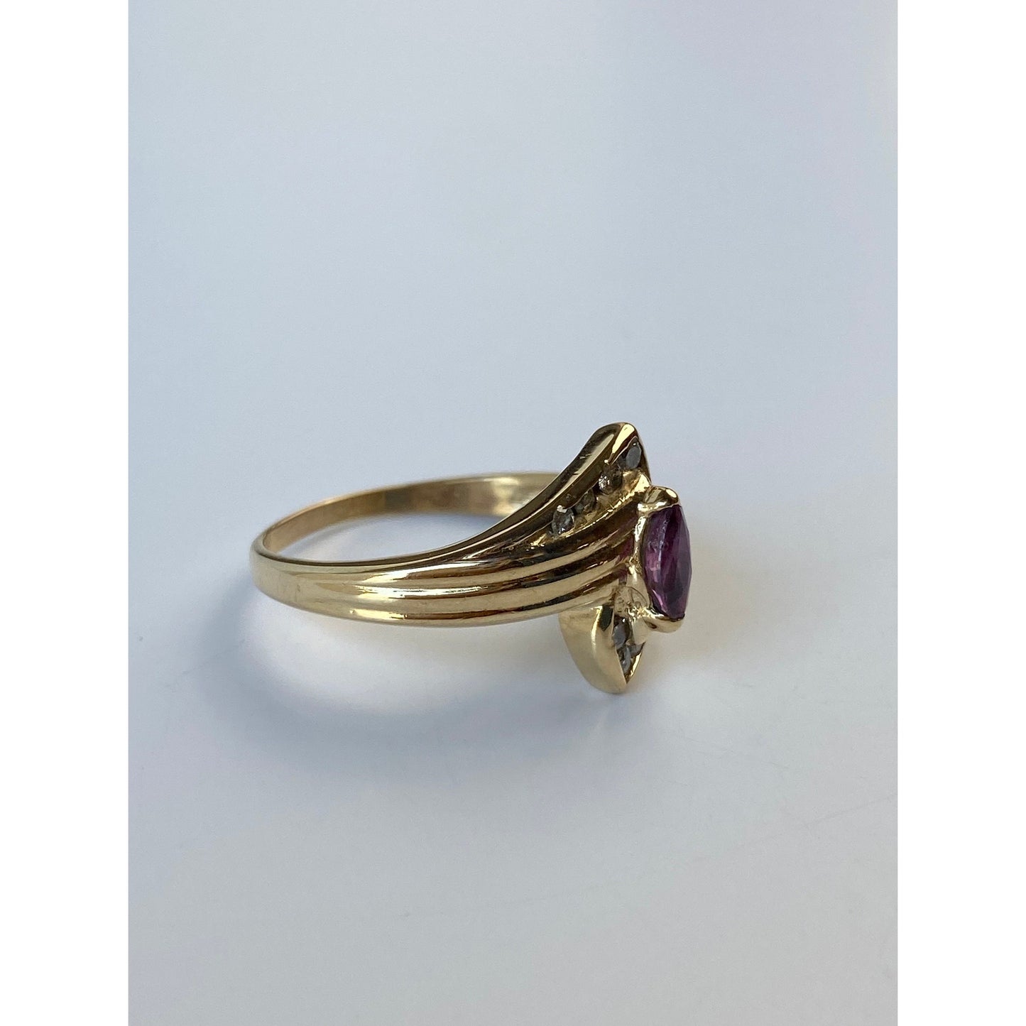 Vintage Solid 14k Yellow Gold Marquise Amethyst & Diamond Ring - Size 7.75