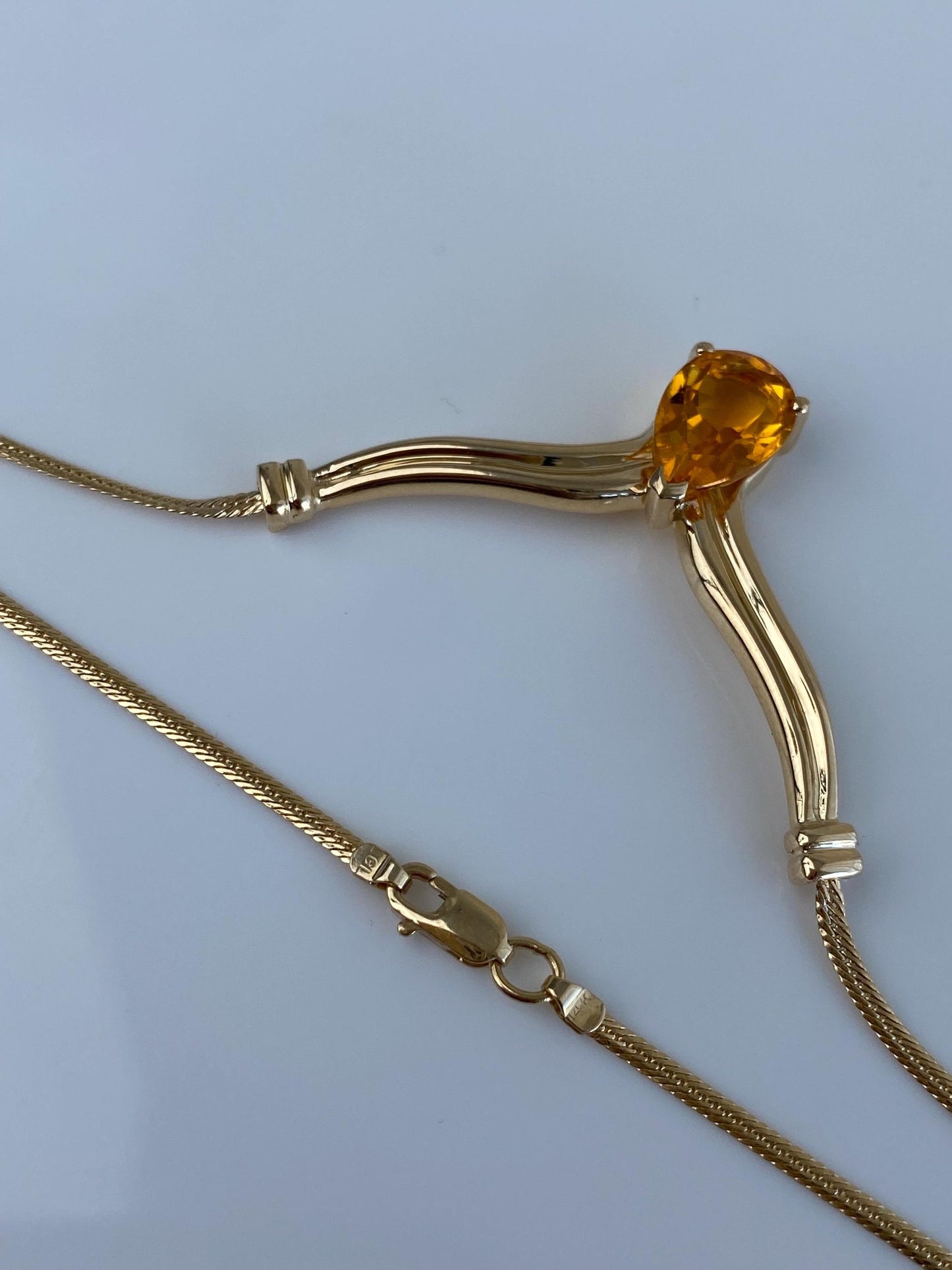 Vintage Solid 14k Yellow Gold Citrine Flat Chain Necklace - 16 inches