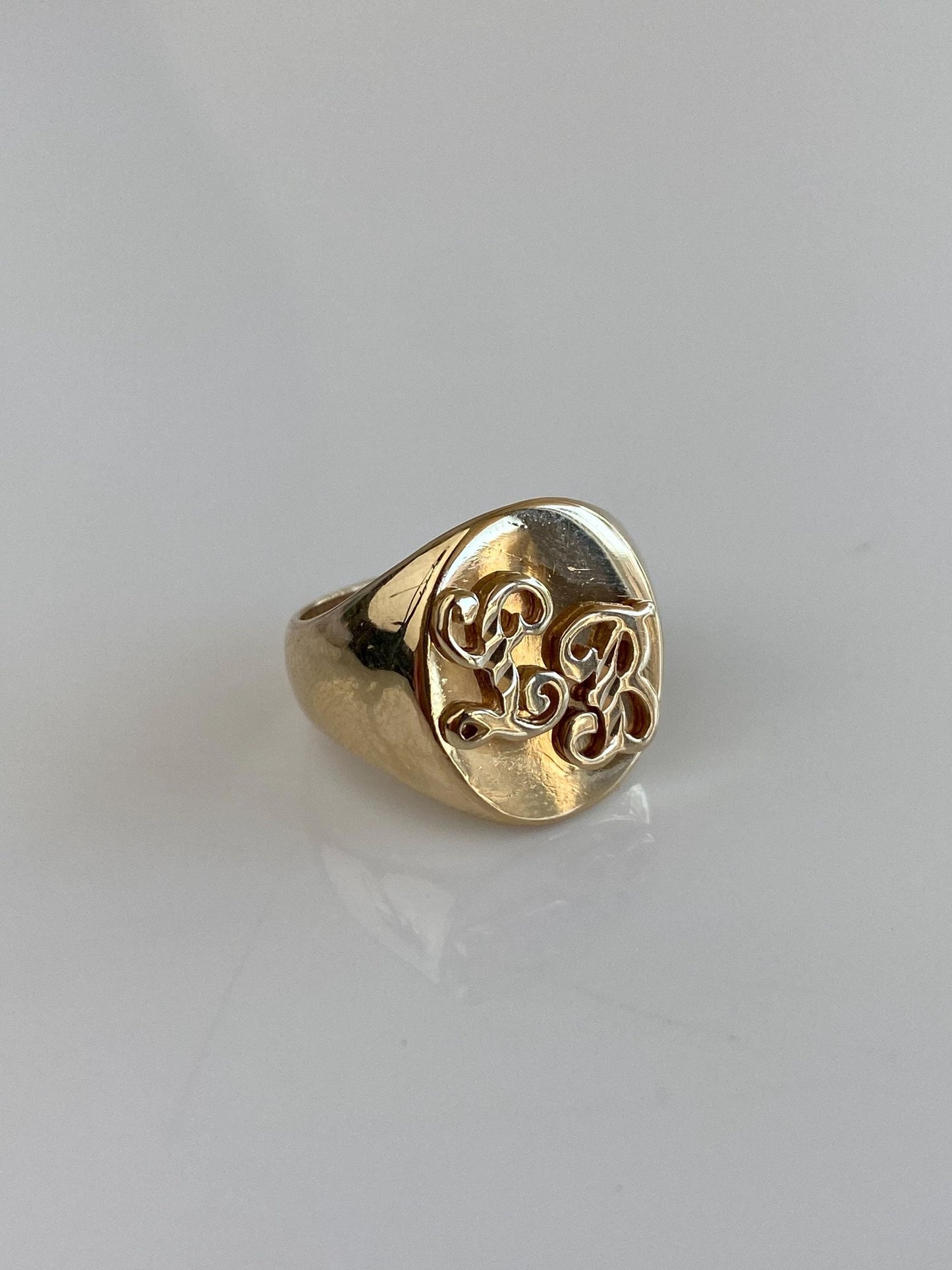 Vintage Solid 14k Yellow Gold Diamond Cut Initials 'LB' Signet Ring - Size 5