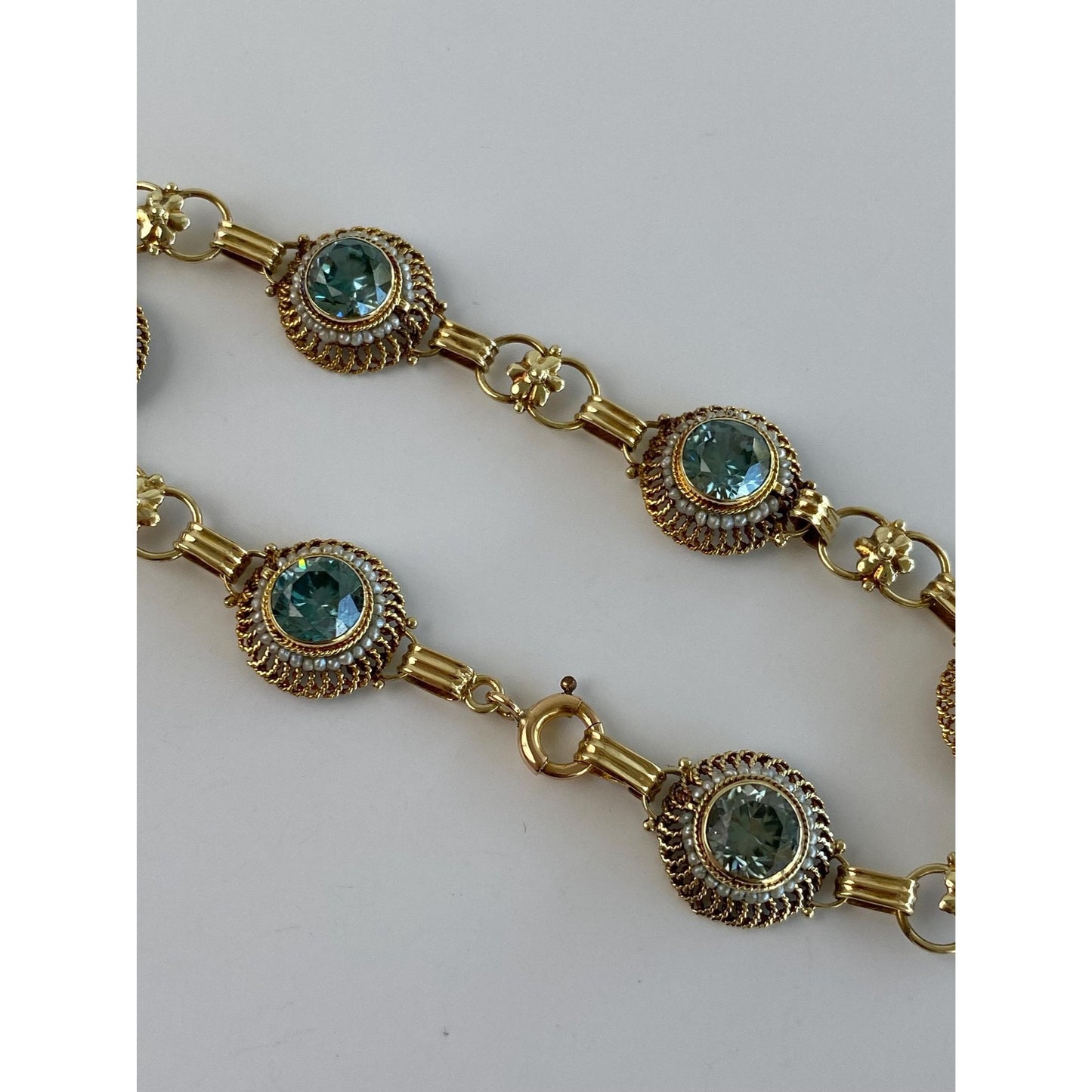 Solid 14k Yellow Gold Blue Zircon Seed Pearl Link Bracelet - 7.25 inches