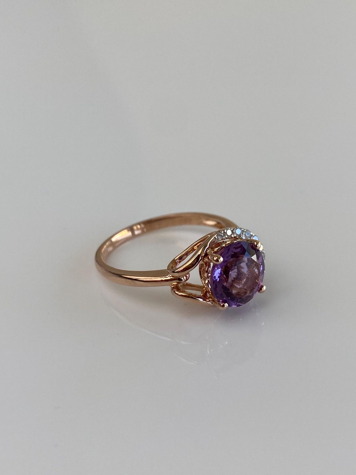 Vintage Solid 14k Rose Gold Diamond Amethyst Ring - Size 7