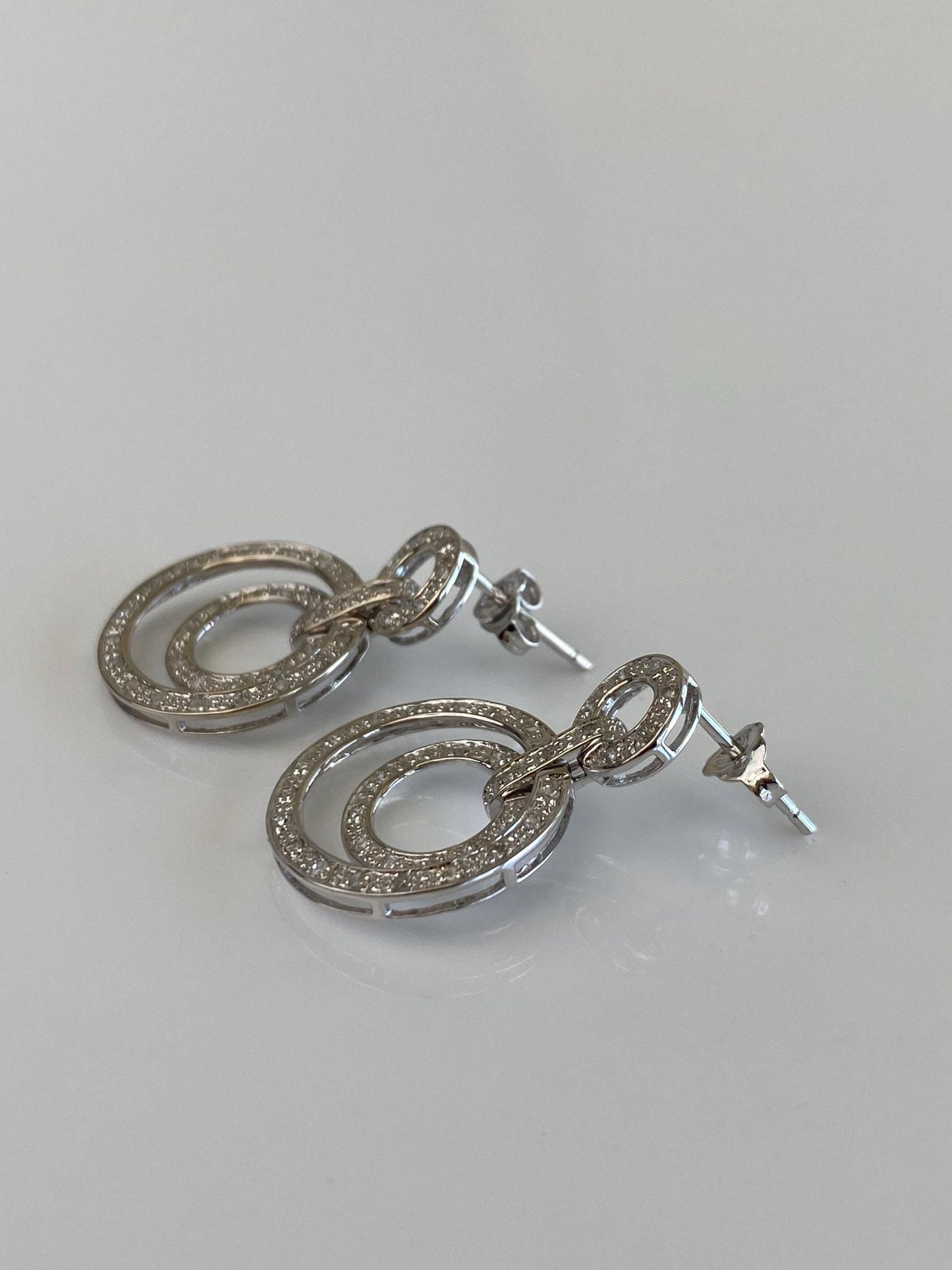 Vintage Solid 14k White Gold Diamond Circles Drop Earrings