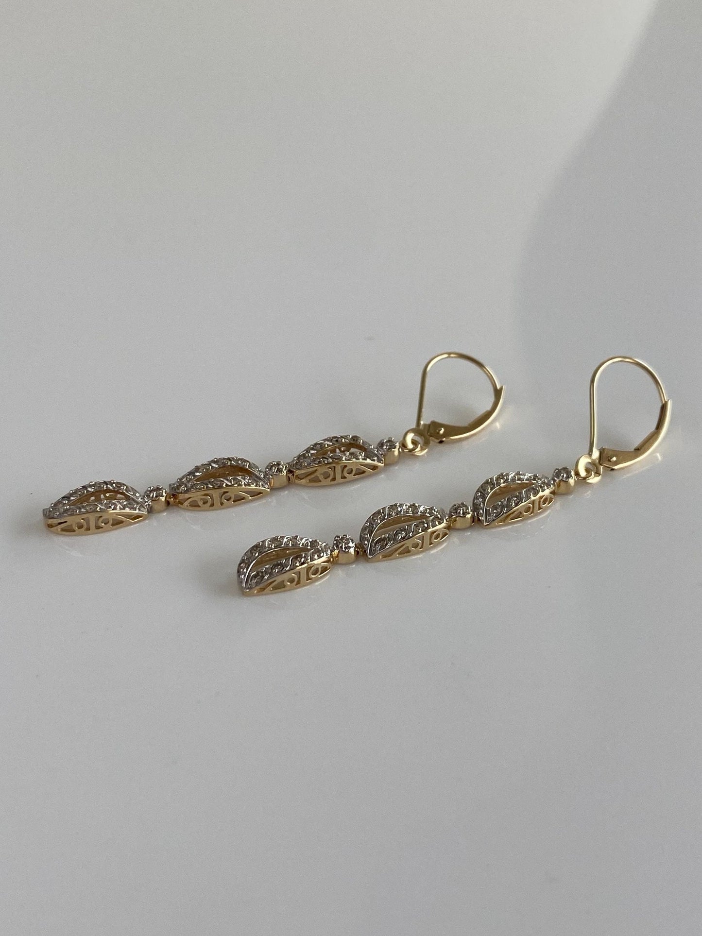 Vintage Solid 14k White & Yellow Gold Diamond Dangle Earrings