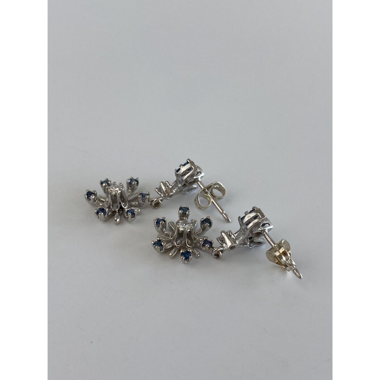 Solid 14k White Gold Diamond Blue Spinel Flower Dangle Earrings