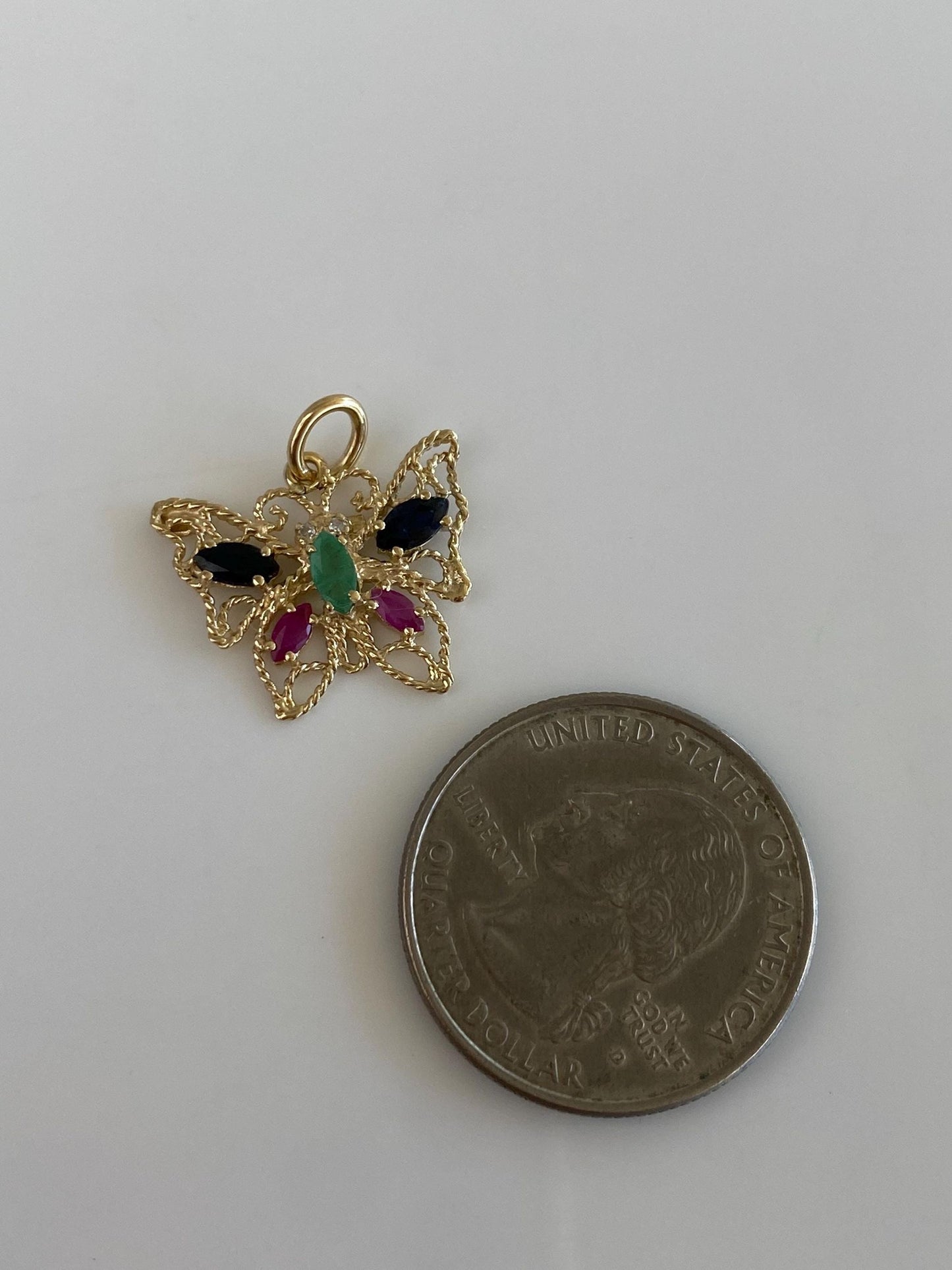 Vintage Solid 10k Yellow Gold Diamond Emerald Blue Sapphire Ruby Filigree Butterfly Charm