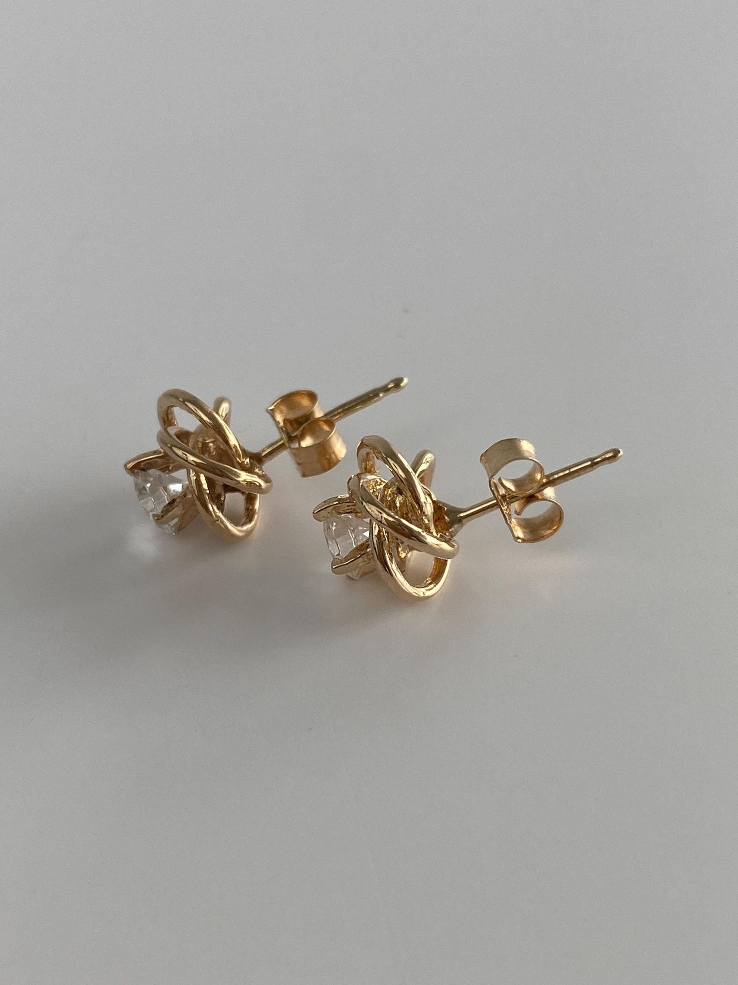 Vintage Solid 14k Yellow Gold Cubic Zirconia Knot Stud Earrings
