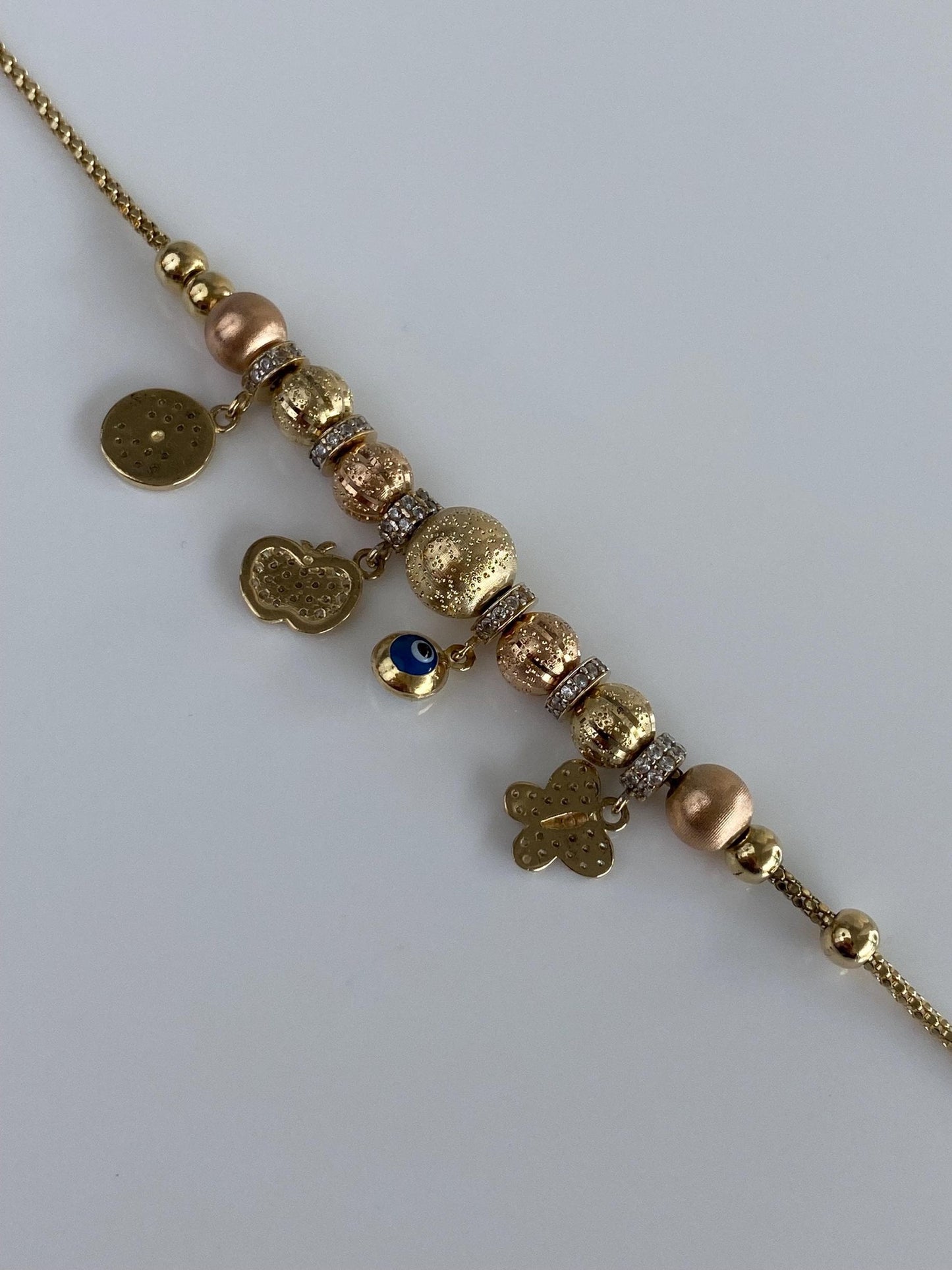 Vintage Solid 14k Tri Tone Gold Cubic Zirconia Evil Eye Charm Bracelet - 6.75 inches