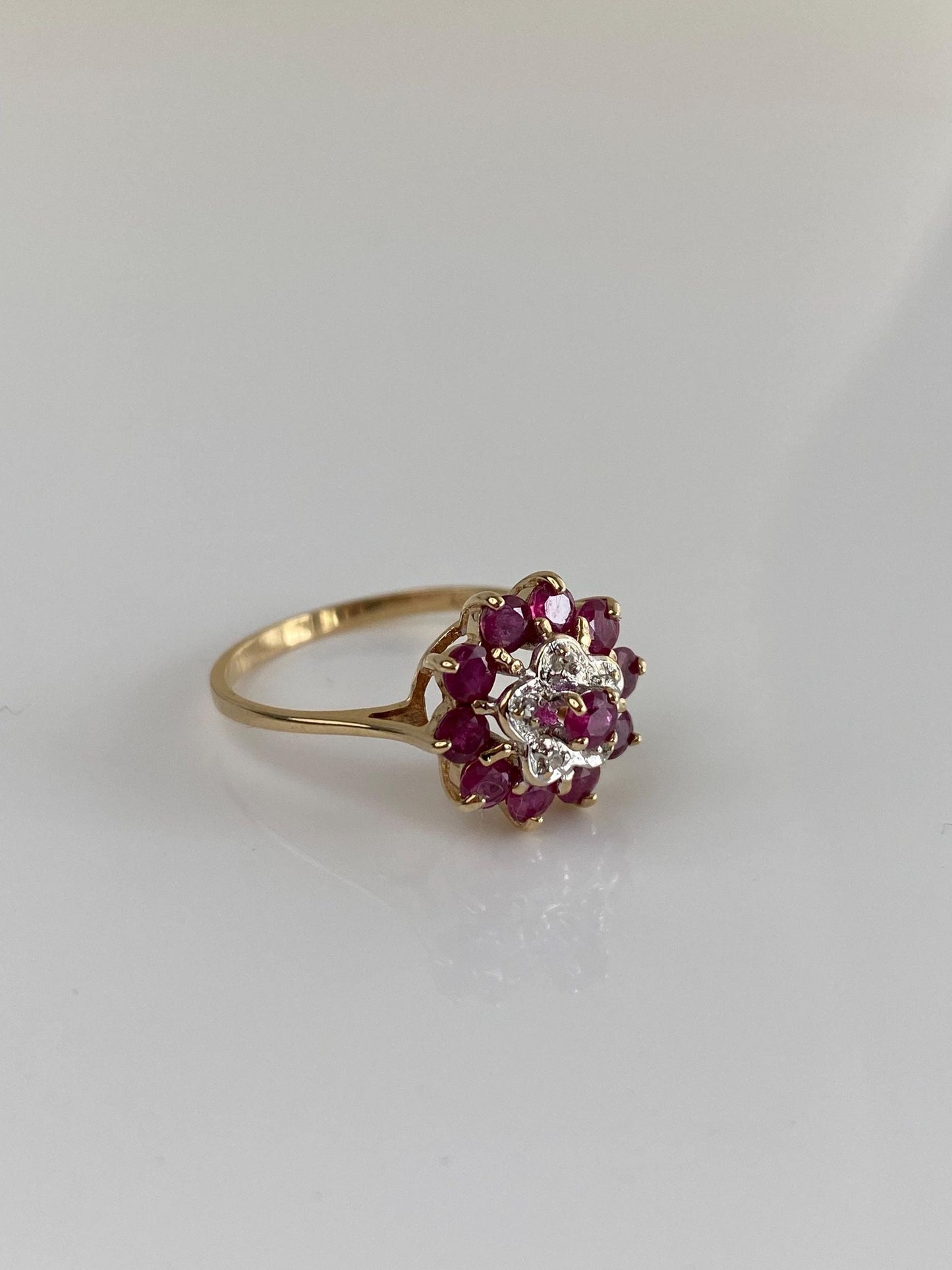 Vintage Solid 14k White & Yellow Gold Diamond Ruby Cluster Ring - Size 6.75