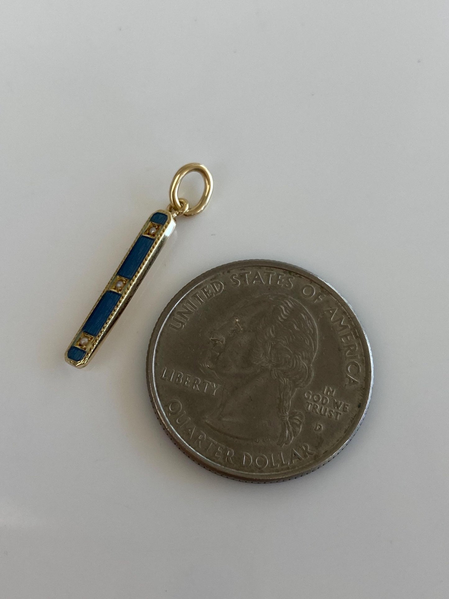 Vintage 14k Yellow Gold Blue Enamel Pearls Bar Charm