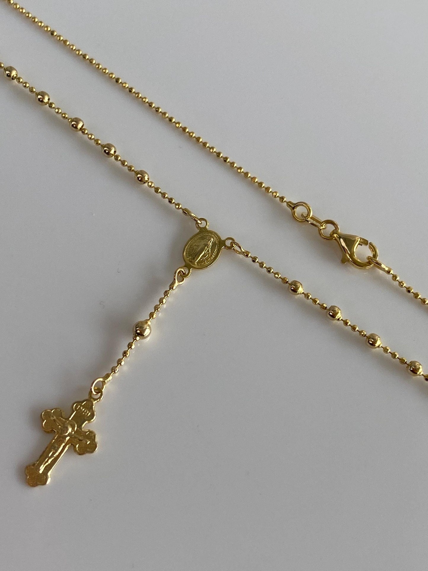 Vintage Solid 14k Yellow Gold Faceted Bead Rosary Cross Bead Chain Lariat Necklace - 18 inches