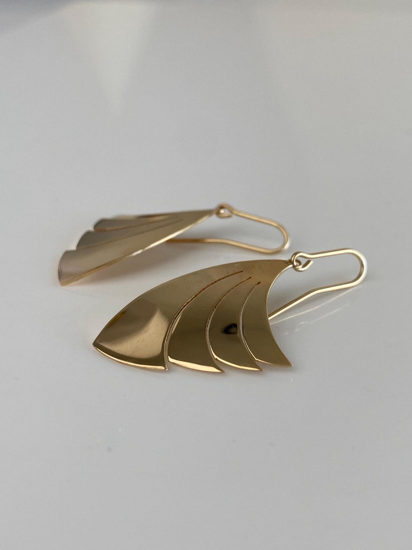 Solid 14k Yellow Gold Fan Dangle Earrings