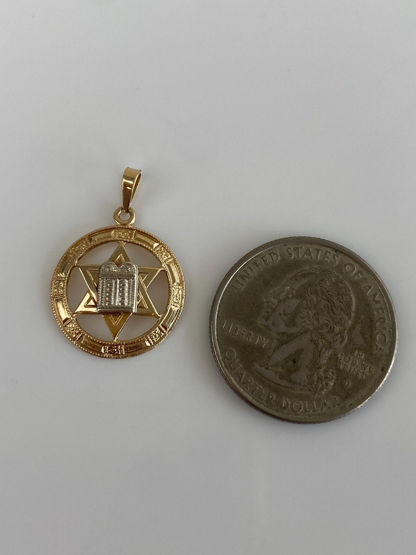 Vintage Solid 14k White & Yellow Gold Star Of David Scroll 10 Commandments Charm
