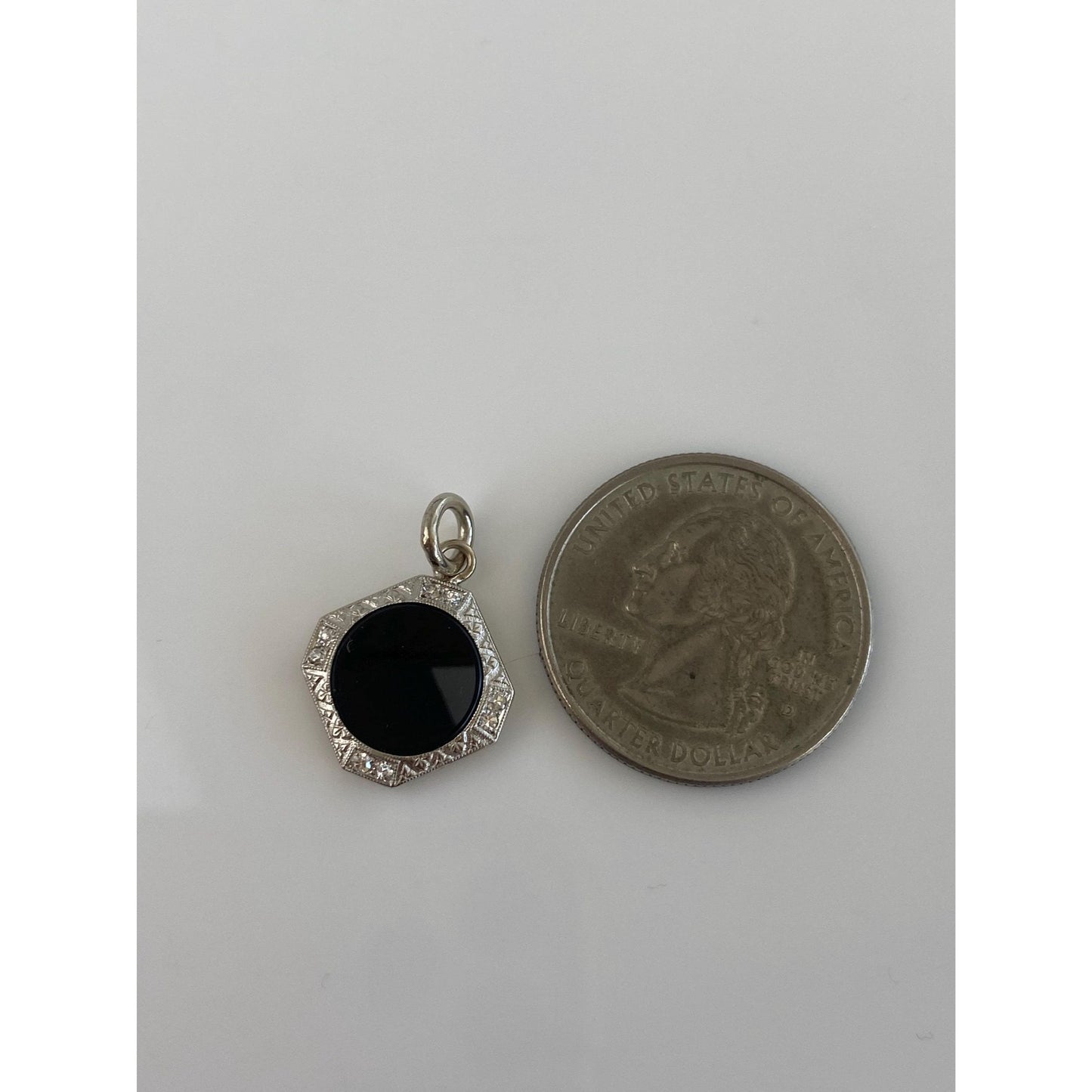 Vintage Solid 14k White Gold Diamond Onyx Cufflink Conversion Charm