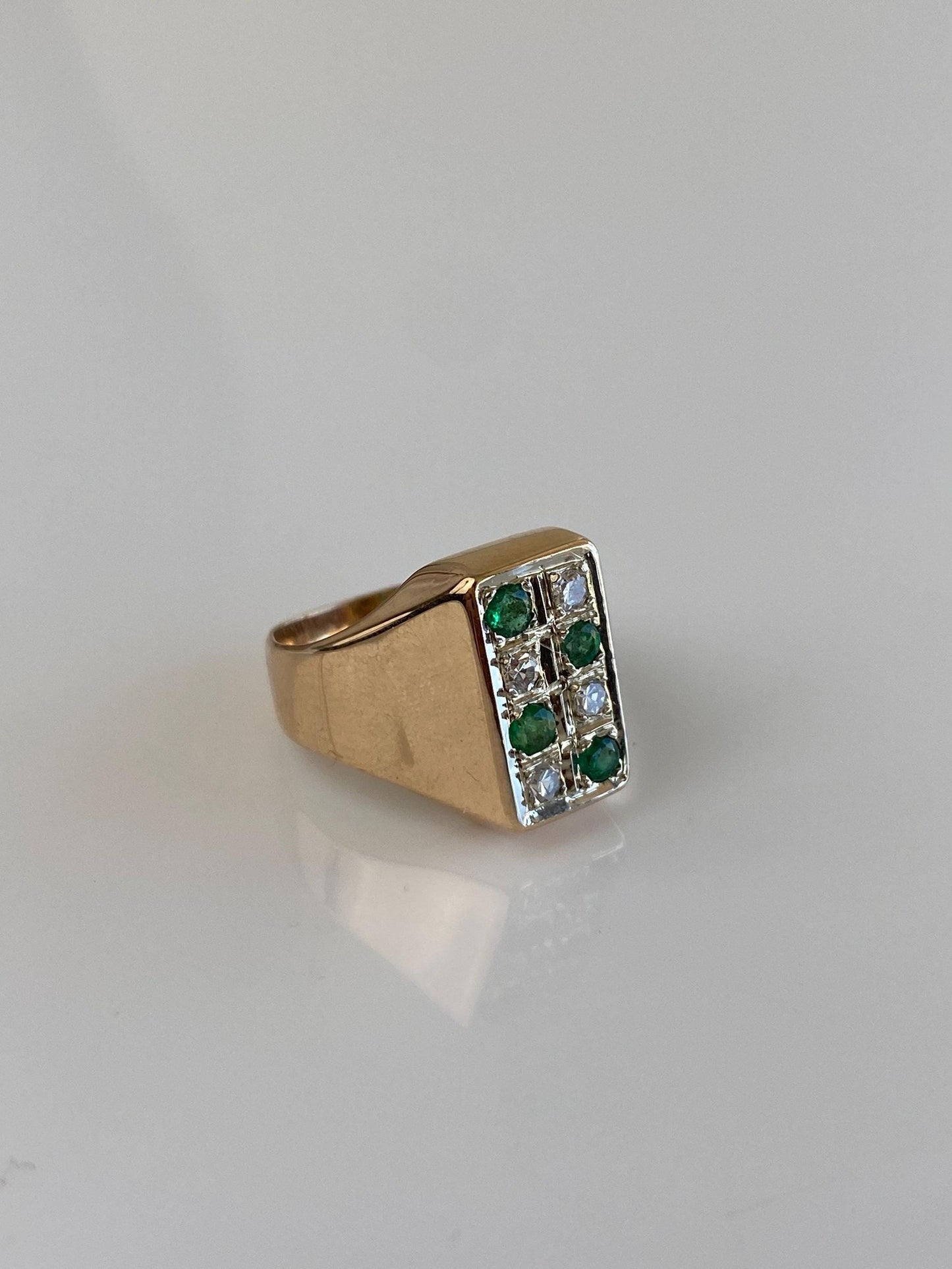 Vintage Solid 14k Yellow Gold Diamond Emerald Signet Style Ring - Size 4.5