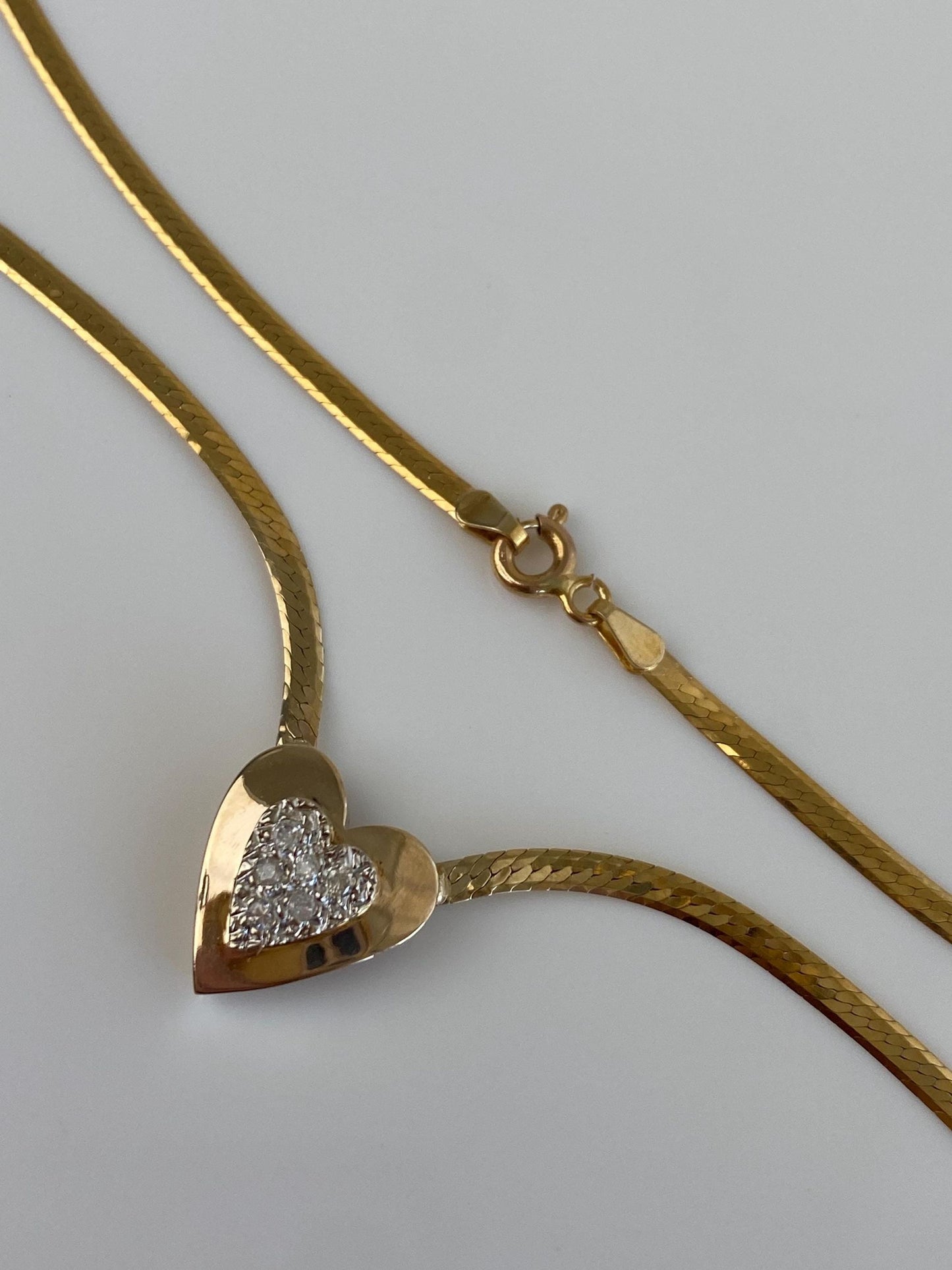 Vintage Solid 14k White & Yellow Gold Diamond Heart Herringbone Chain Necklace - 18 inches