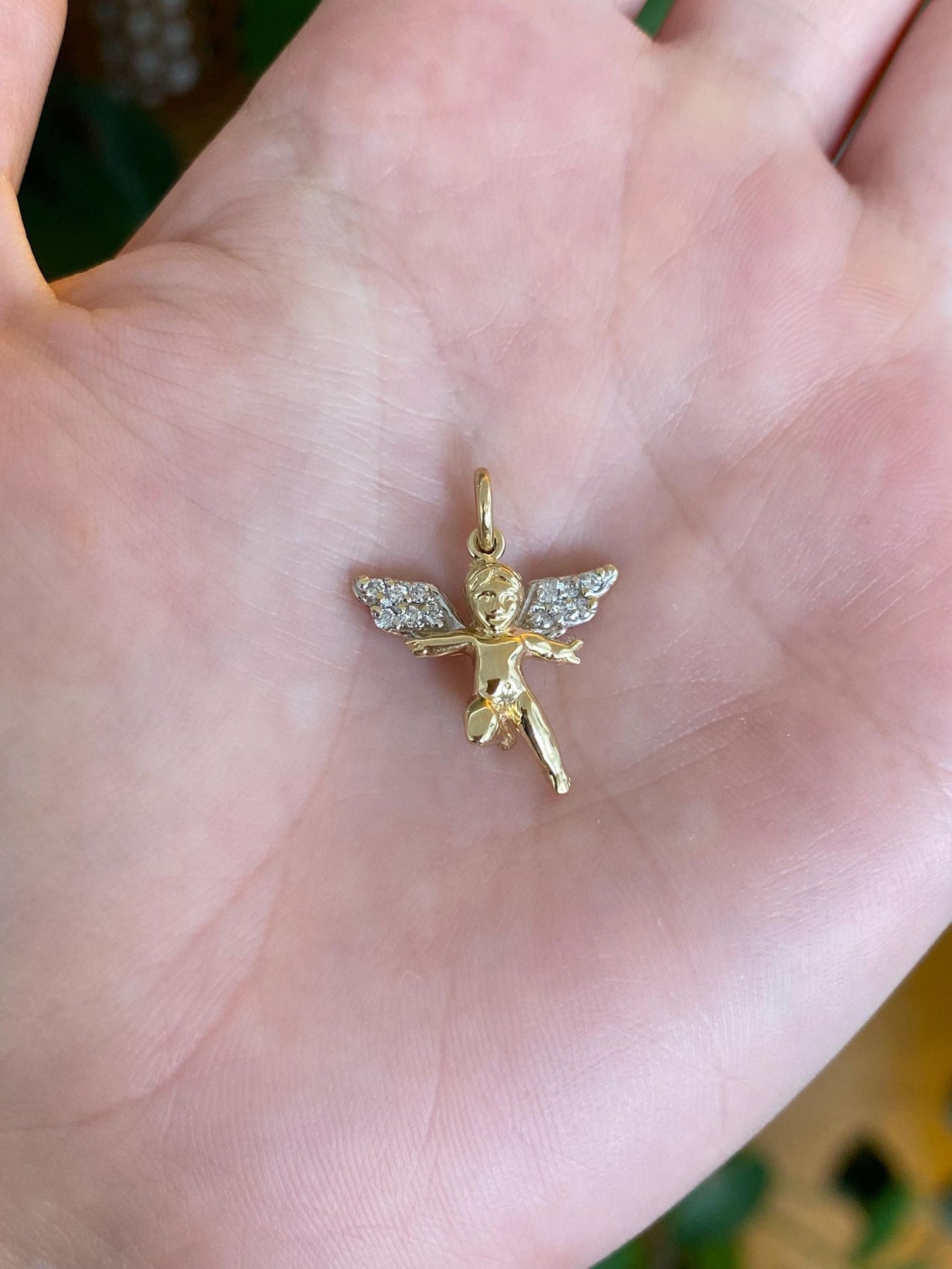 Vintage Solid 14k White & Yellow Gold Diamond Angel Charm