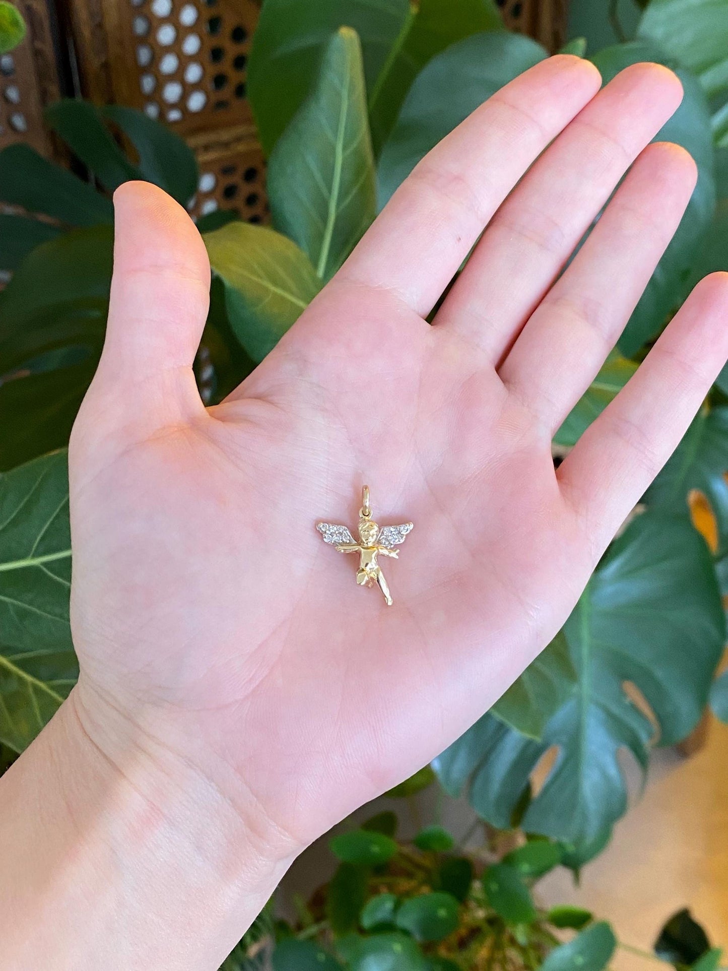 Vintage Solid 14k White & Yellow Gold Diamond Angel Charm