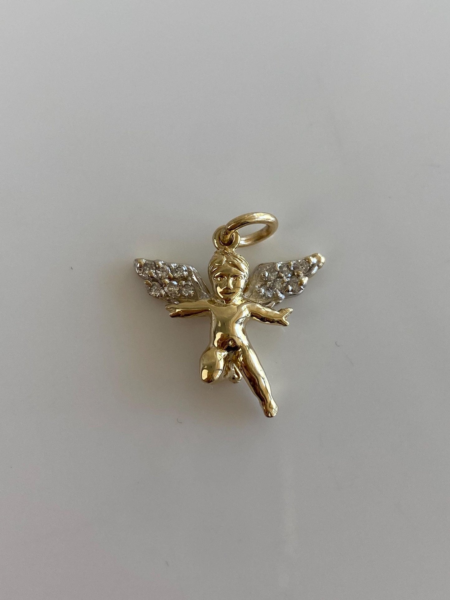 Vintage Solid 14k White & Yellow Gold Diamond Angel Charm
