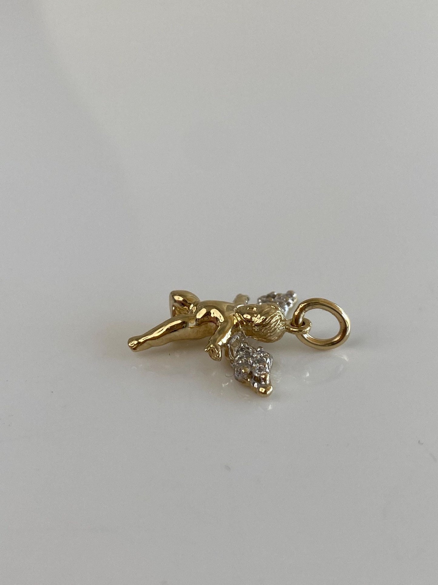 Vintage Solid 14k White & Yellow Gold Diamond Angel Charm