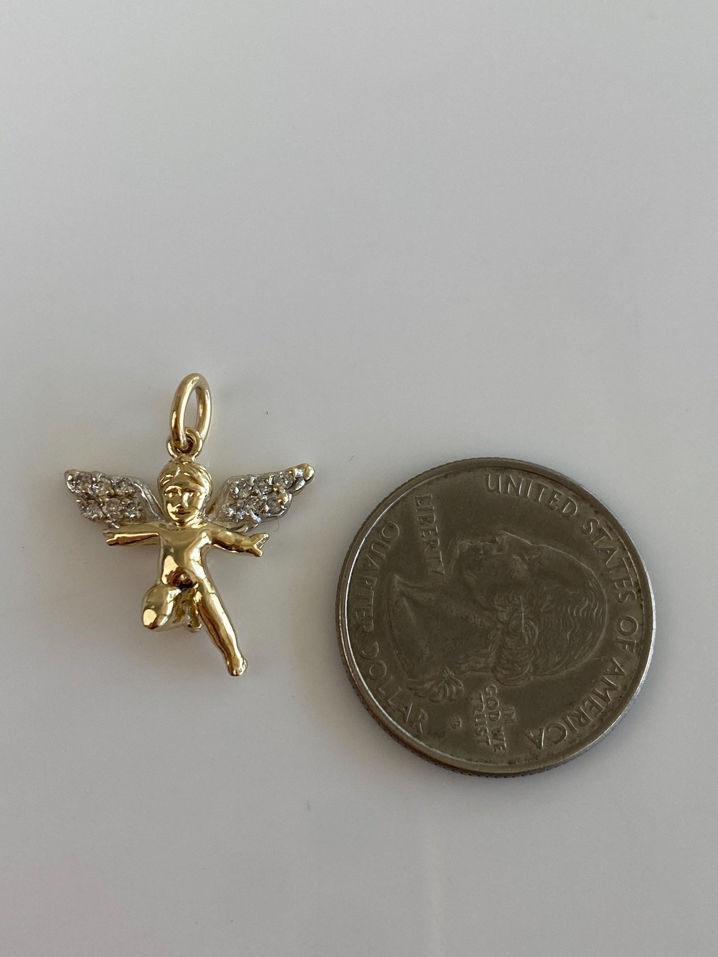 Vintage Solid 14k White & Yellow Gold Diamond Angel Charm
