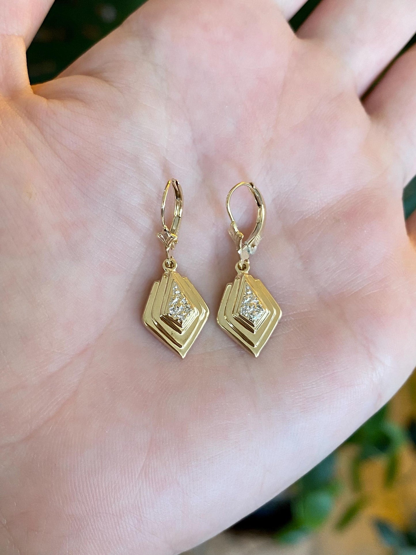 Vintage Solid 14k White & Yellow Gold Diamonds Dangle Earrings