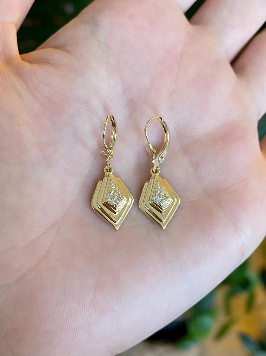 Vintage Solid 14k White & Yellow Gold Diamonds Dangle Earrings