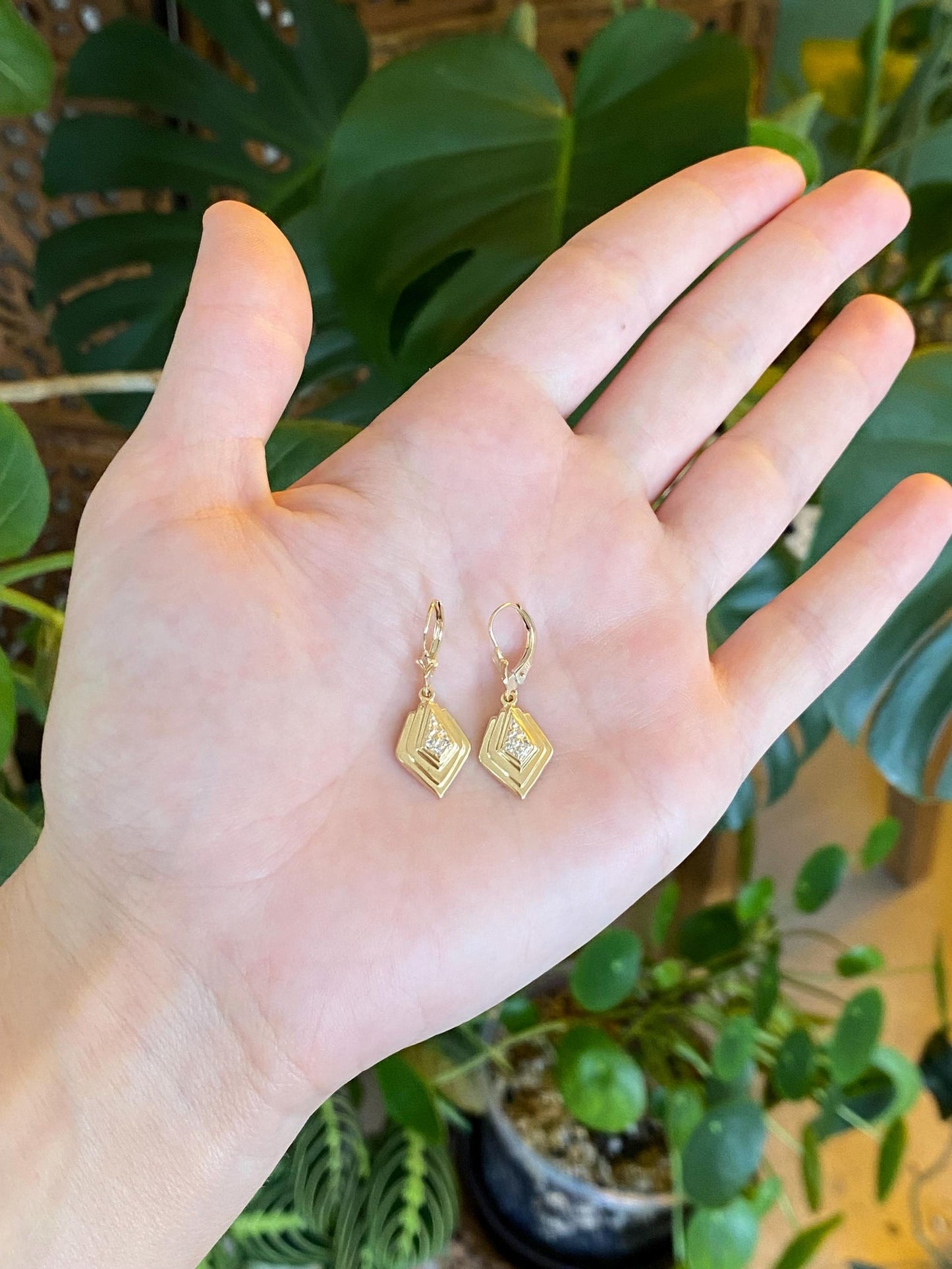 Vintage Solid 14k White & Yellow Gold Diamonds Dangle Earrings
