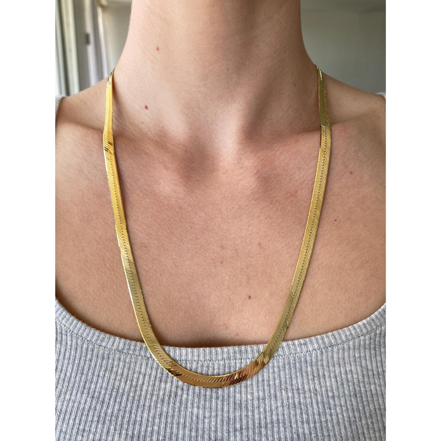 Vintage Solid 14k Yellow Gold Long Chunky Herringbone Chain Necklace - 24 inches