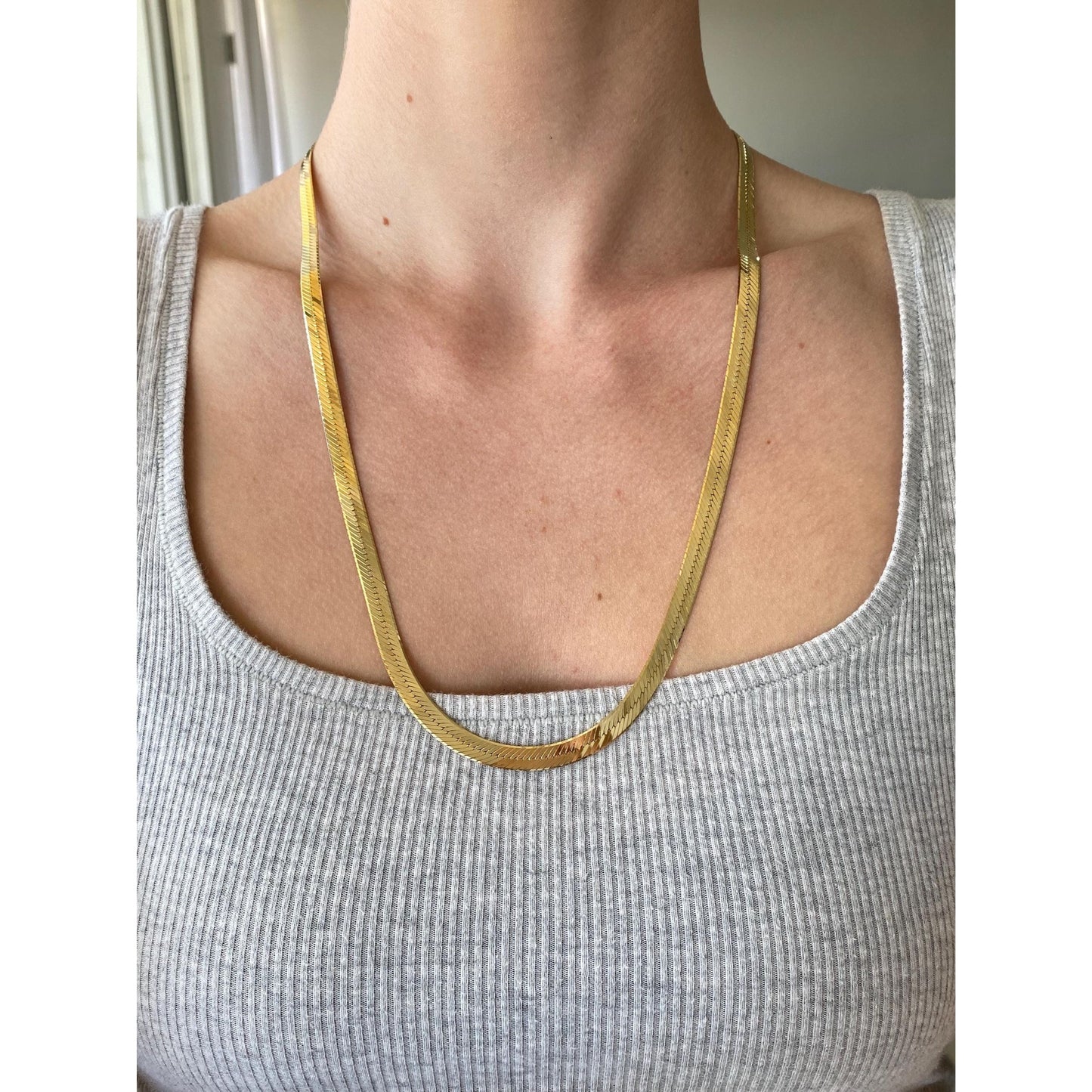 Vintage Solid 14k Yellow Gold Long Chunky Herringbone Chain Necklace - 24 inches