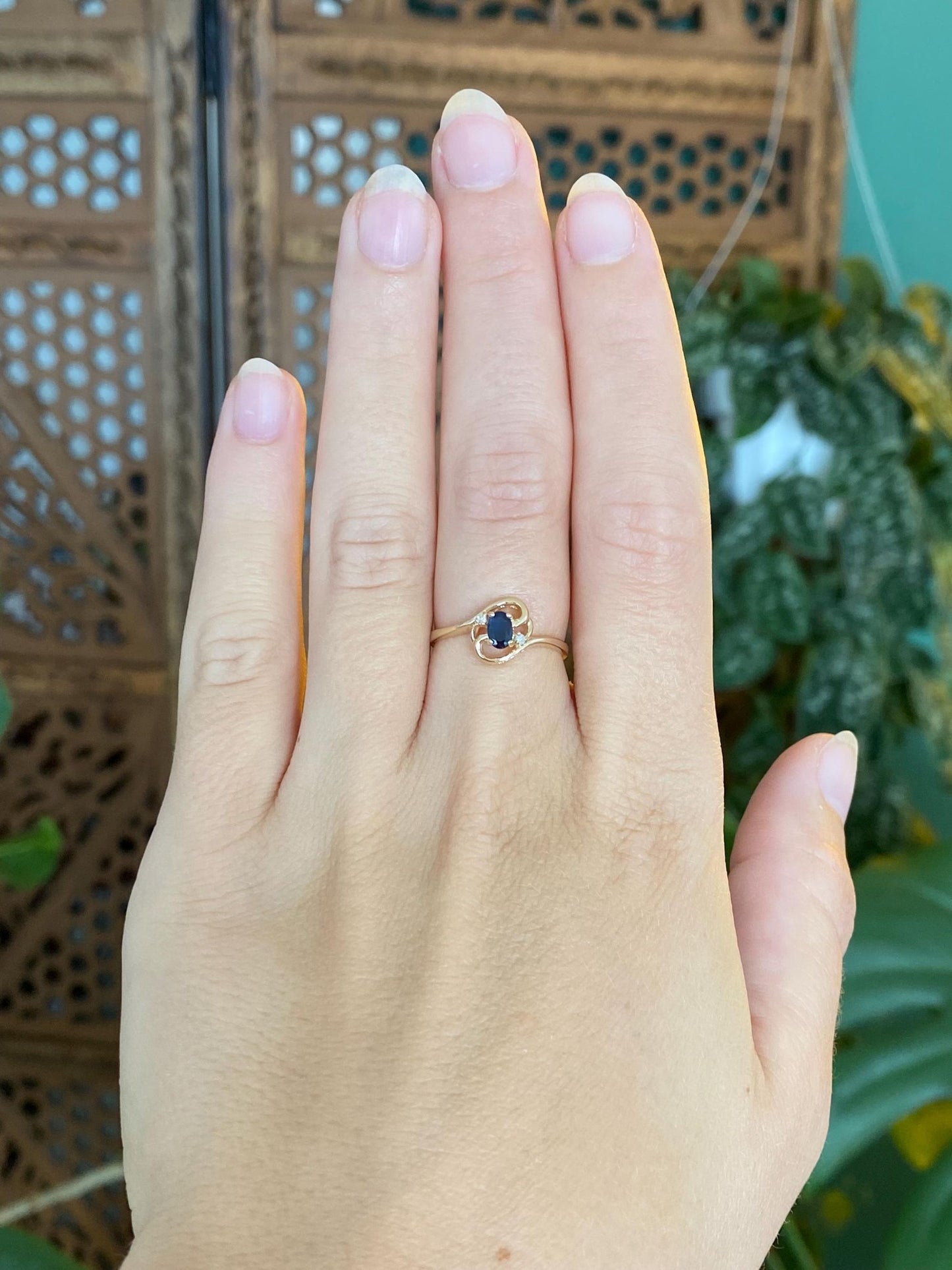Solid 14k Yellow Gold Diamonds Blue Sapphire Dainty Ring - Size 6.5