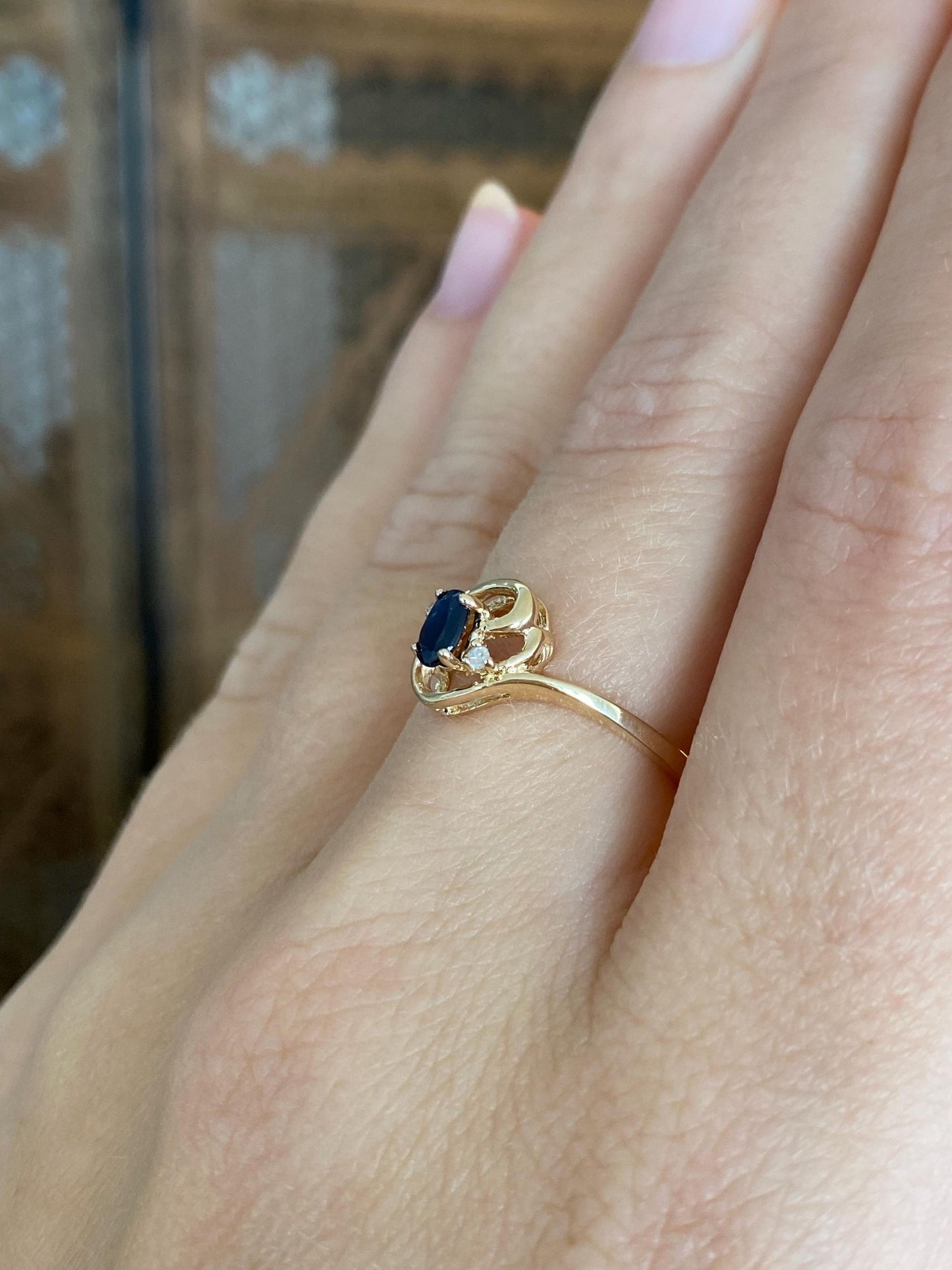 Solid 14k Yellow Gold Diamonds Blue Sapphire Dainty Ring - Size 6.5
