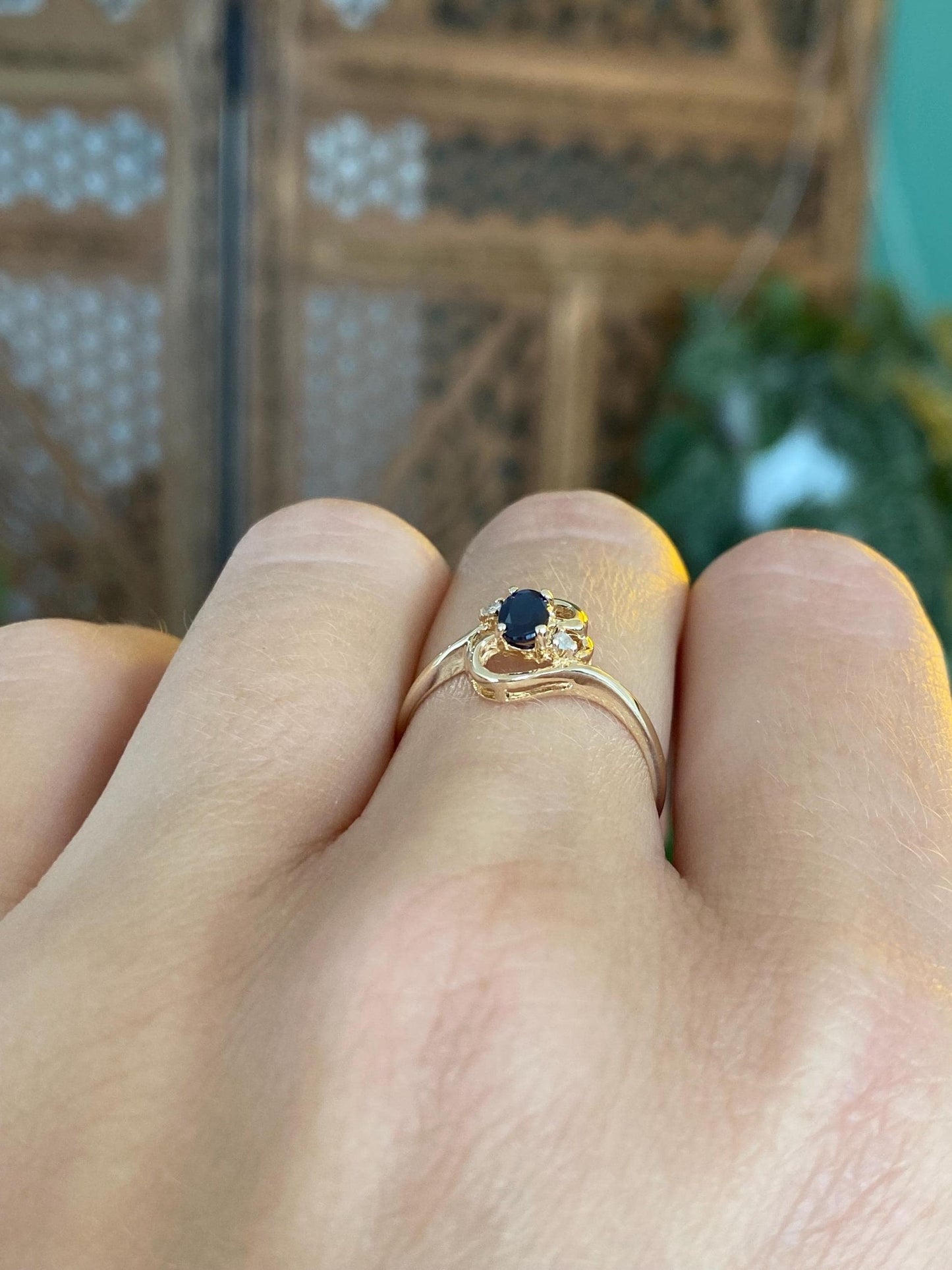 Solid 14k Yellow Gold Diamonds Blue Sapphire Dainty Ring - Size 6.5