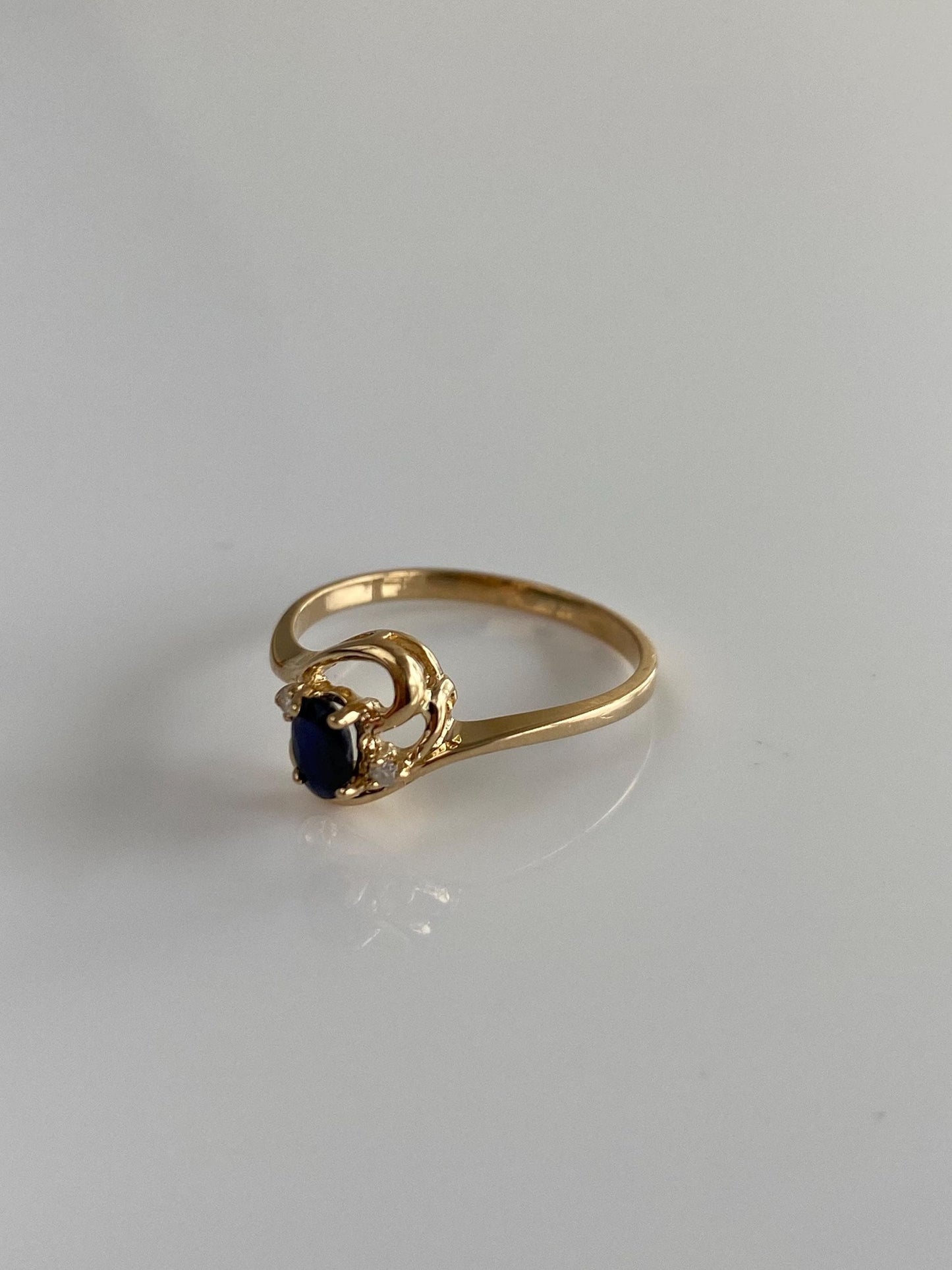 Solid 14k Yellow Gold Diamonds Blue Sapphire Dainty Ring - Size 6.5