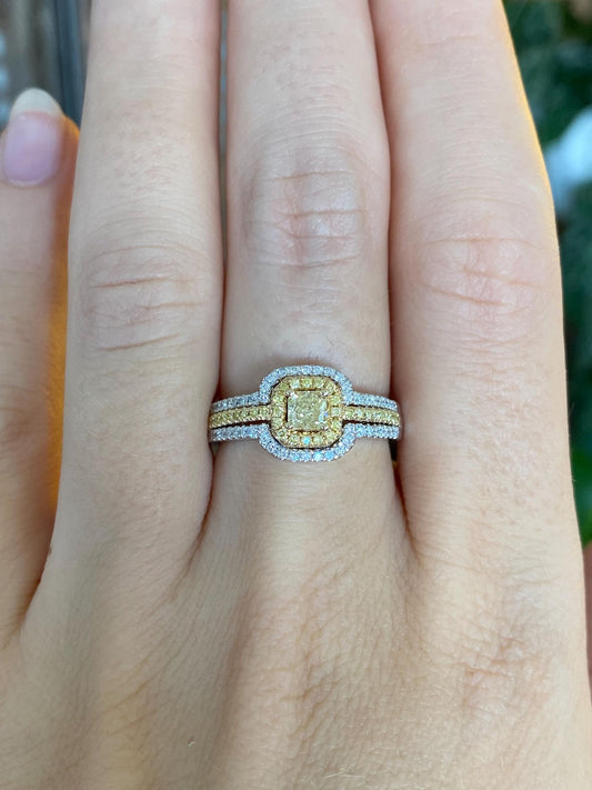 Vintage Solid 14k White Gold Yellow & Clear Diamonds Ring - Size 7.25