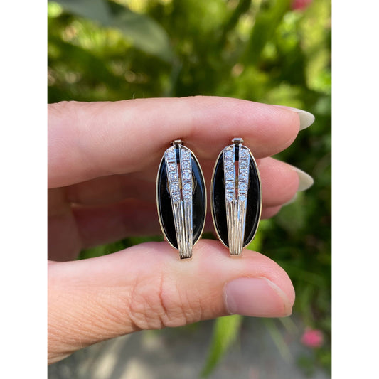 Vintage Solid 14k White & Yellow Gold Onyx Diamond Drop Earrings