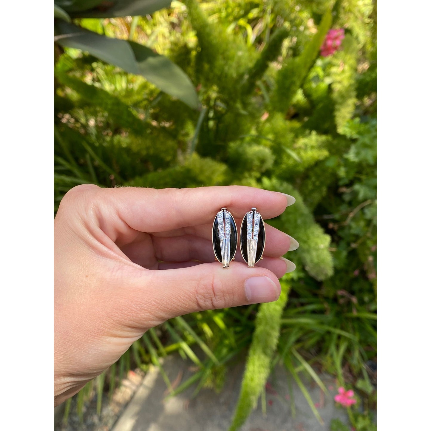 Vintage Solid 14k White & Yellow Gold Onyx Diamond Drop Earrings