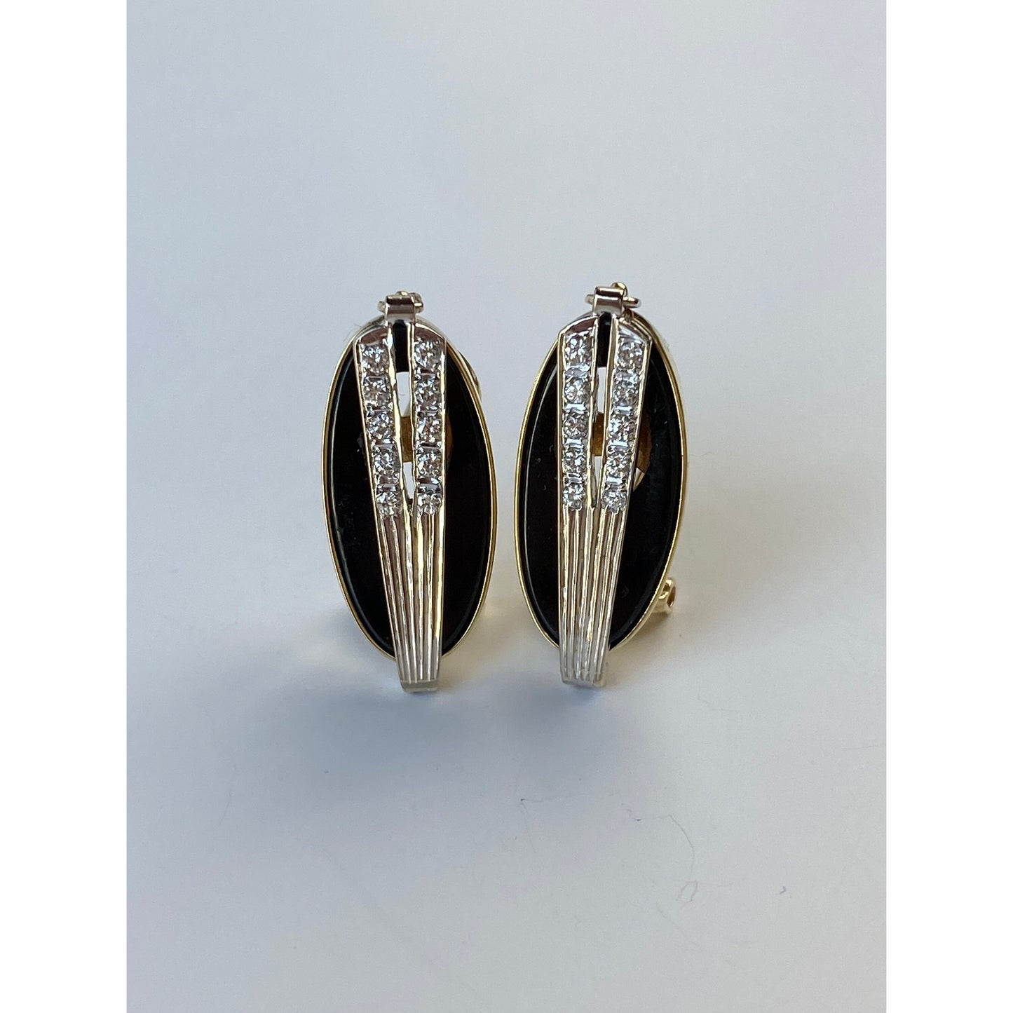 Vintage Solid 14k White & Yellow Gold Onyx Diamond Drop Earrings