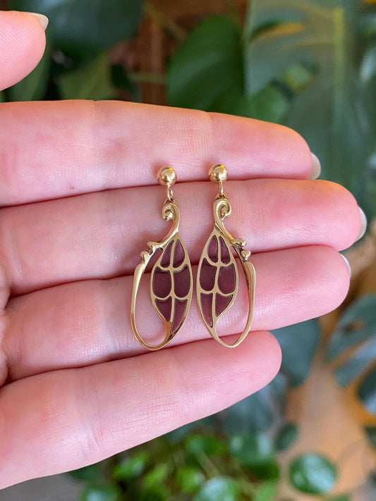 Vintage Solid 18k Yellow Gold Light Purple Enamel Wings Dangle Stud Earrings