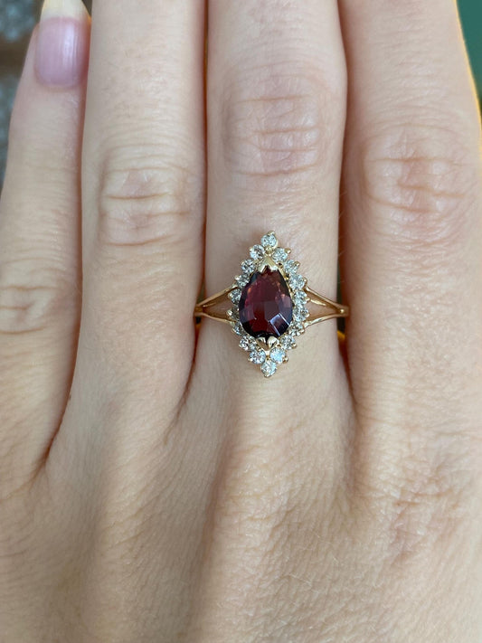 Vintage Solid 14k Yellow Gold Diamond Halo Pink Tourmaline Ring - Size 7.5