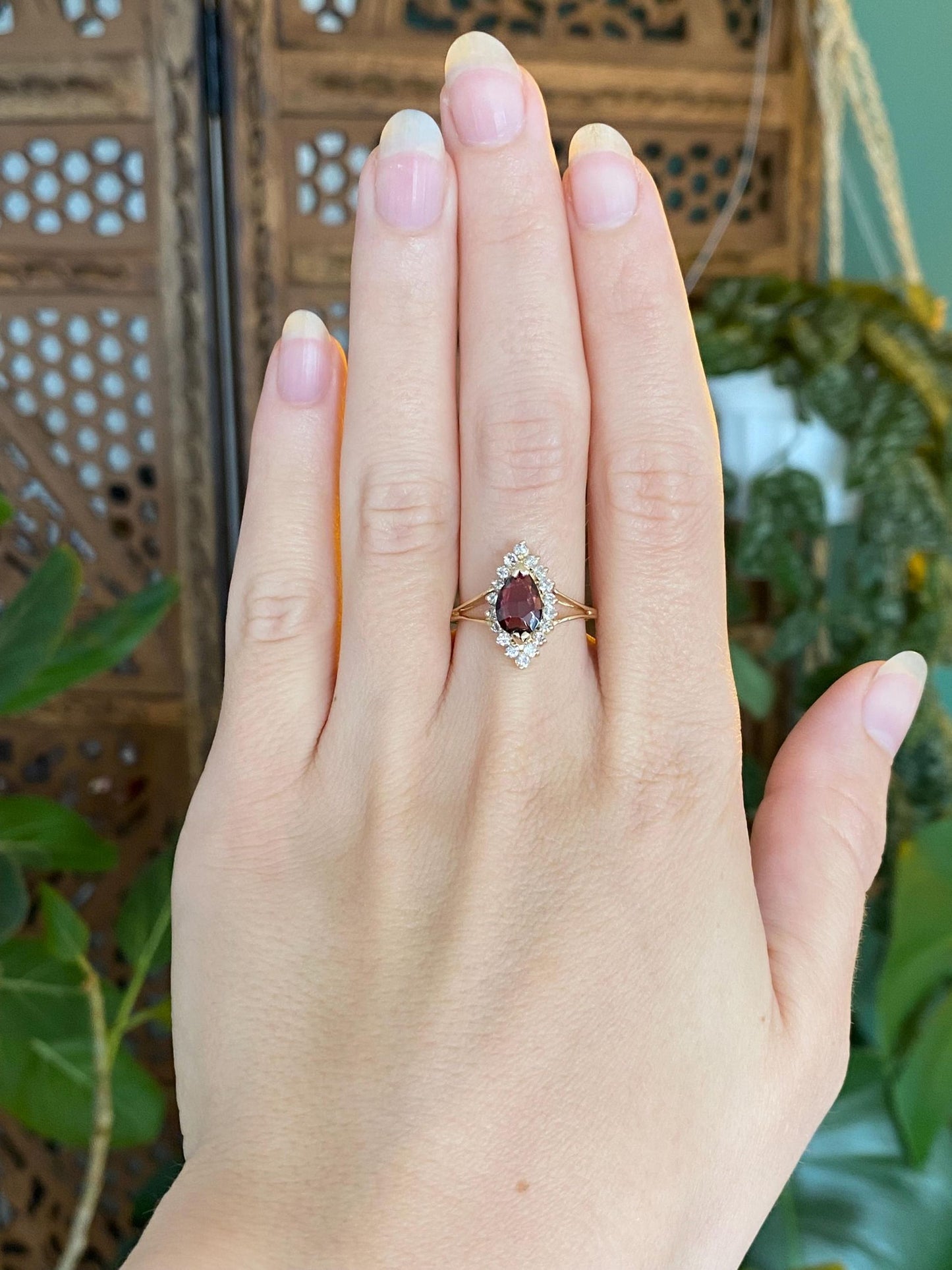 Vintage Solid 14k Yellow Gold Diamond Halo Pink Tourmaline Ring - Size 7.5