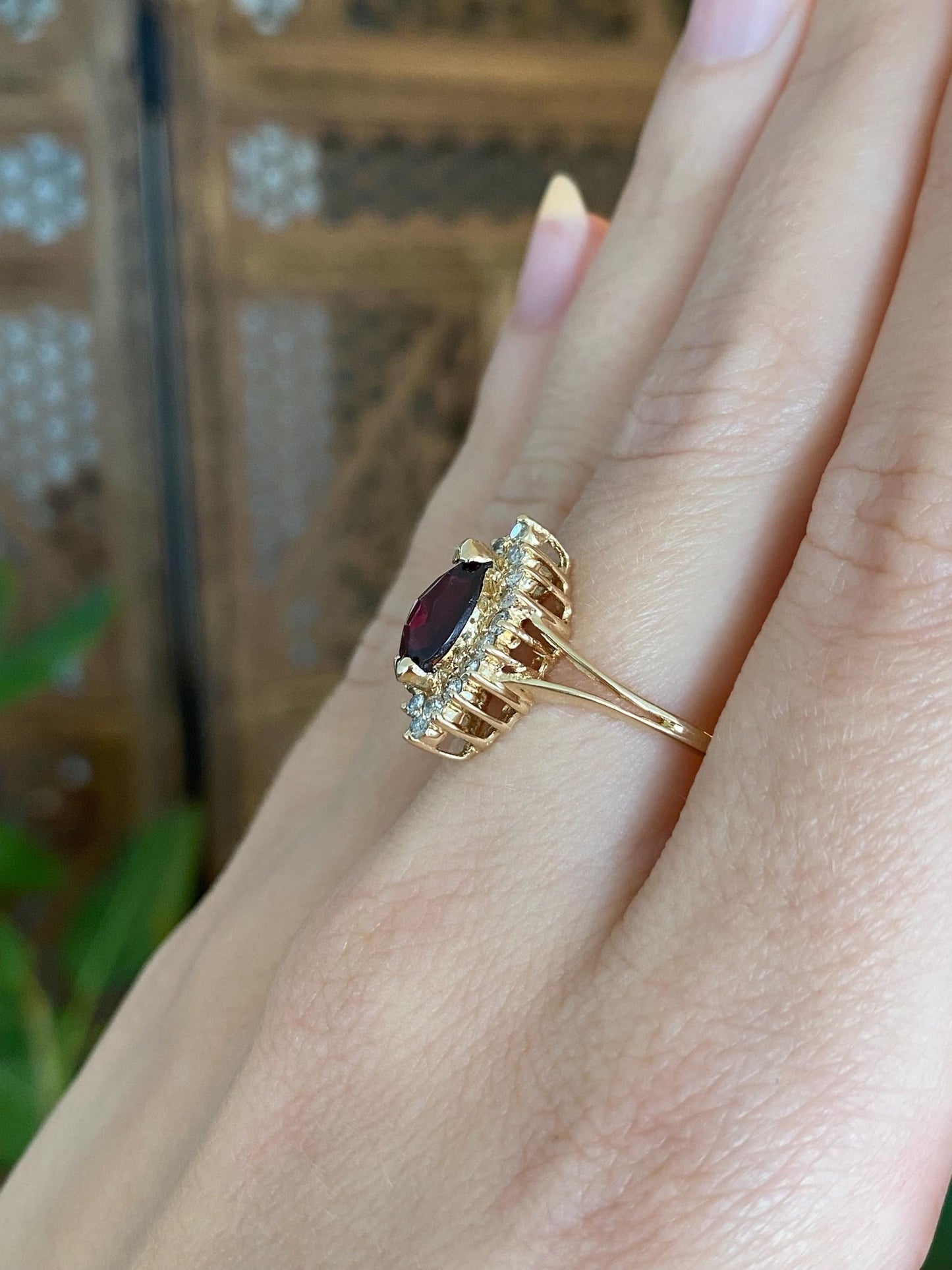 Vintage Solid 14k Yellow Gold Diamond Halo Pink Tourmaline Ring - Size 7.5