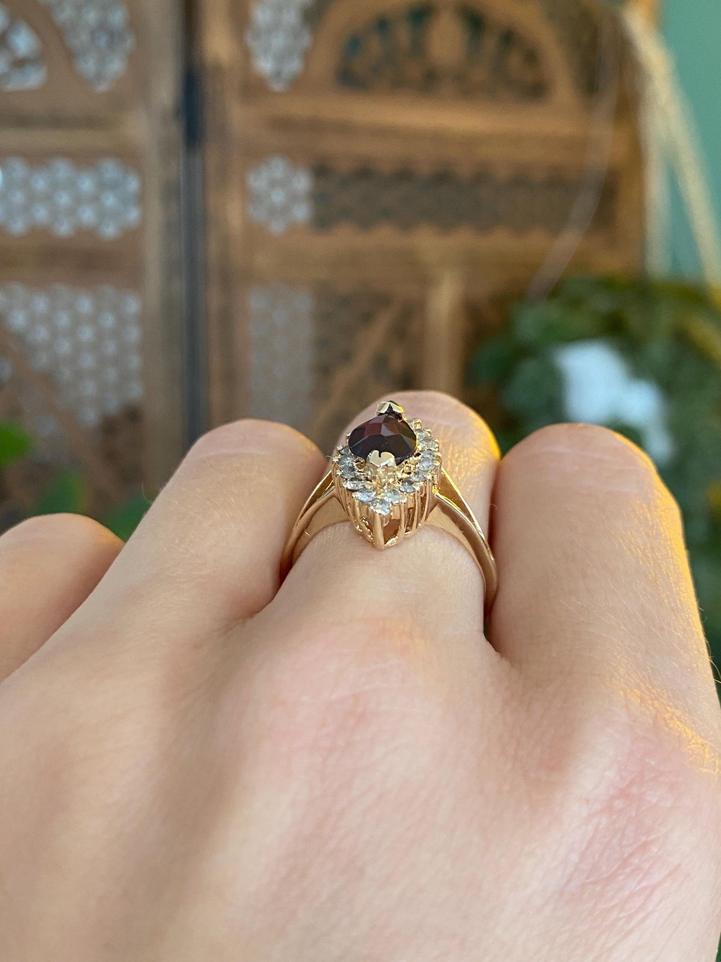Vintage Solid 14k Yellow Gold Diamond Halo Pink Tourmaline Ring - Size 7.5
