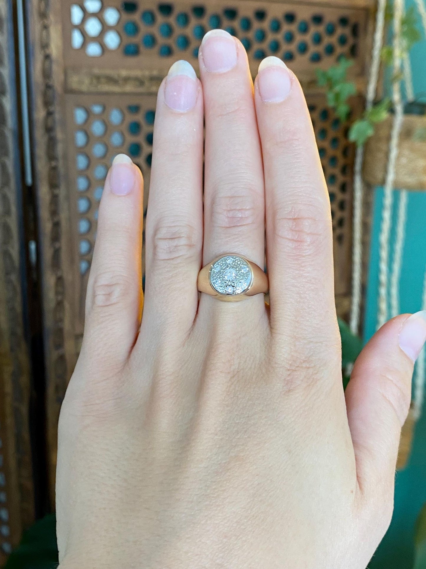 Vintage Solid 10k White & Yellow Gold Diamond Signet Ring - Size 7