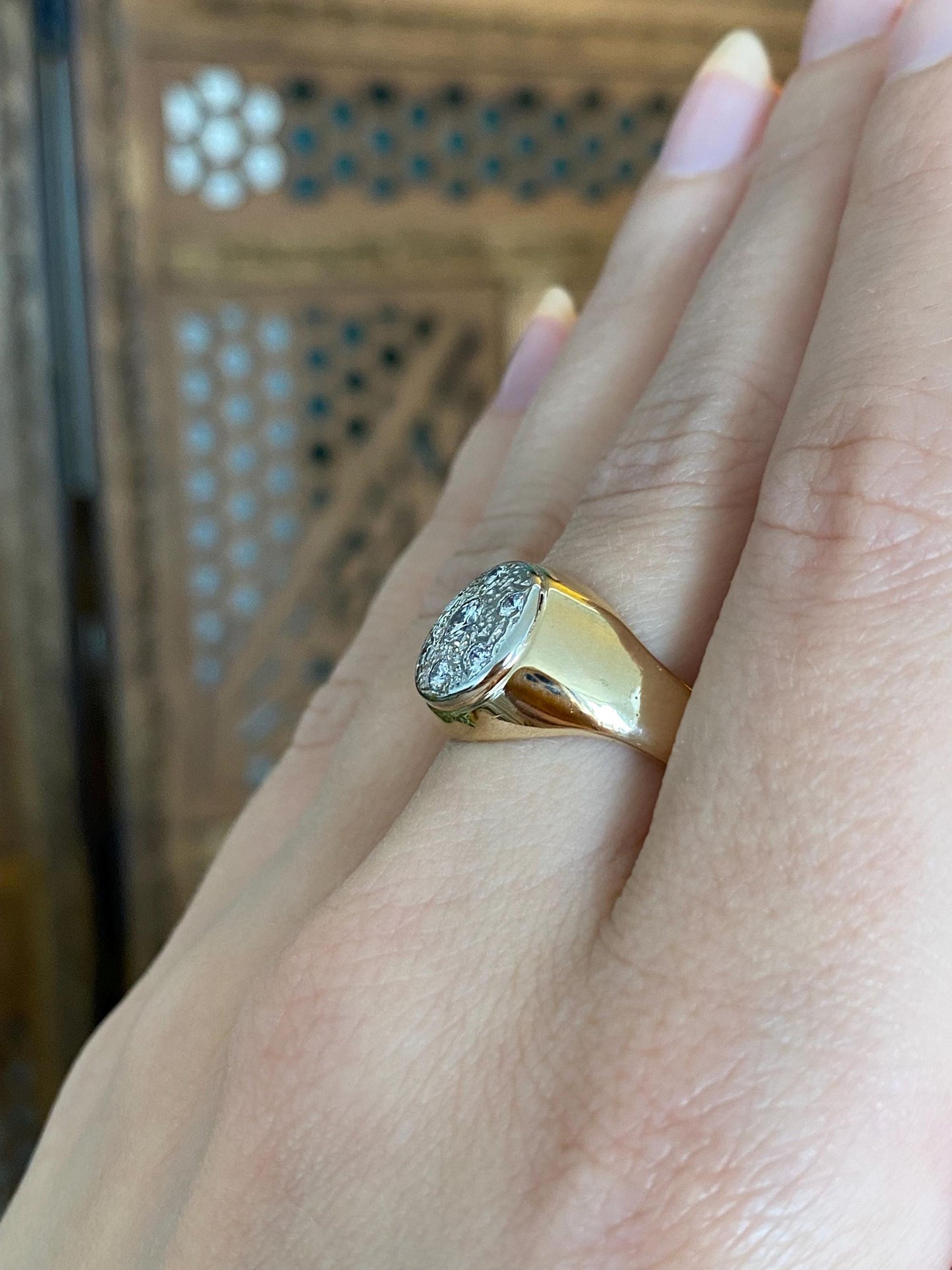 Vintage Solid 10k White & Yellow Gold Diamond Signet Ring - Size 7