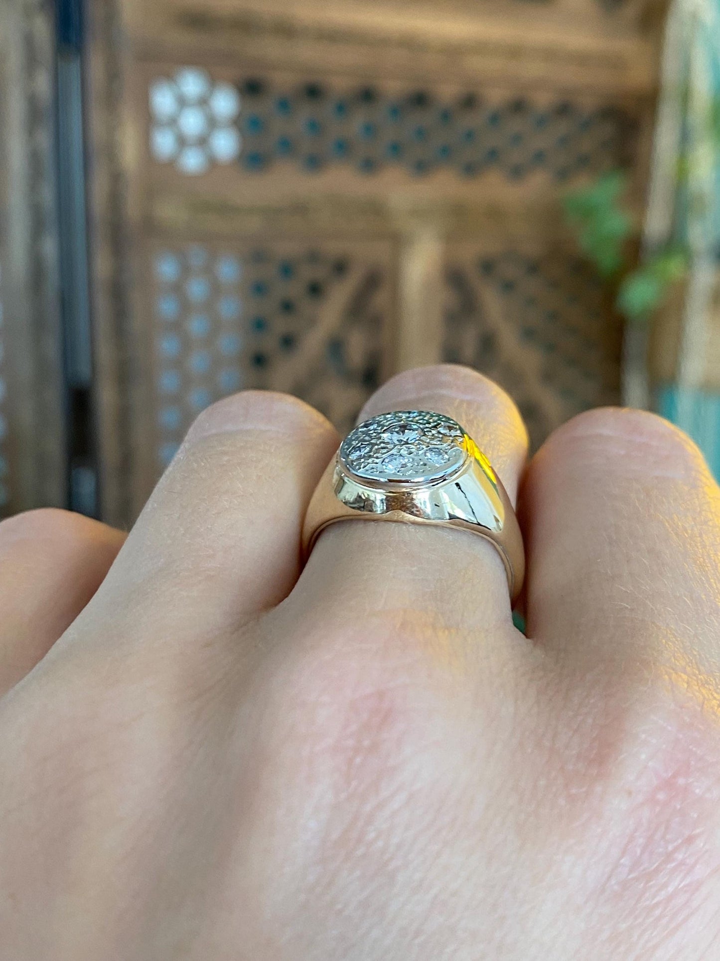 Vintage Solid 10k White & Yellow Gold Diamond Signet Ring - Size 7